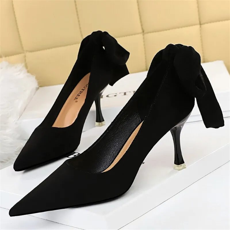 Amozae-2024 Elegant Women 8cm High Heels Pumps   Nightclub Green Bowknot Sweet Low Heels Girls Scarpins Office Wedding Kawaii Shoes