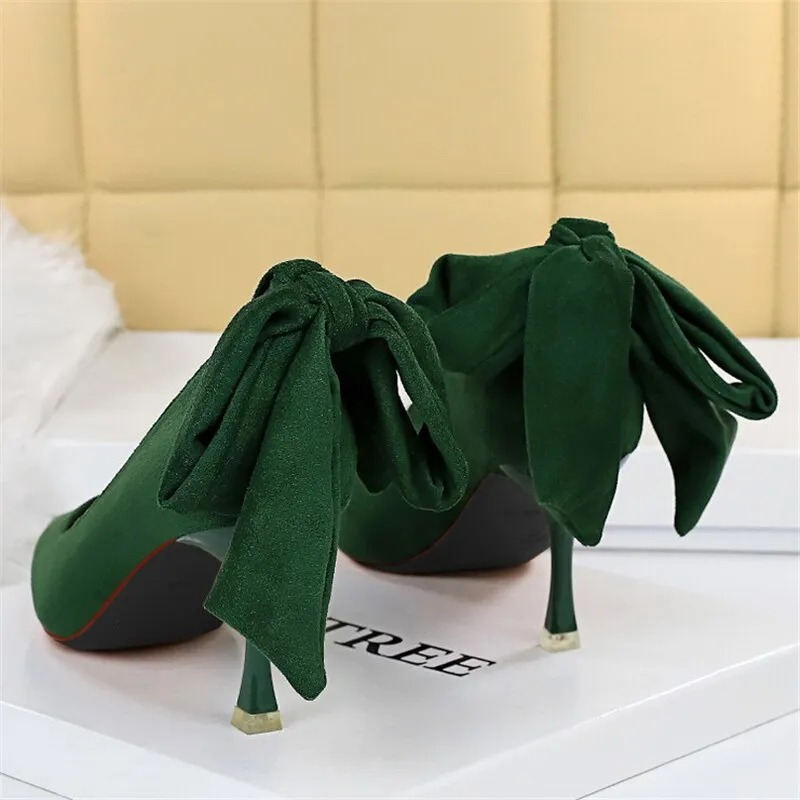 Amozae-2024 Elegant Women 8cm High Heels Pumps   Nightclub Green Bowknot Sweet Low Heels Girls Scarpins Office Wedding Kawaii Shoes