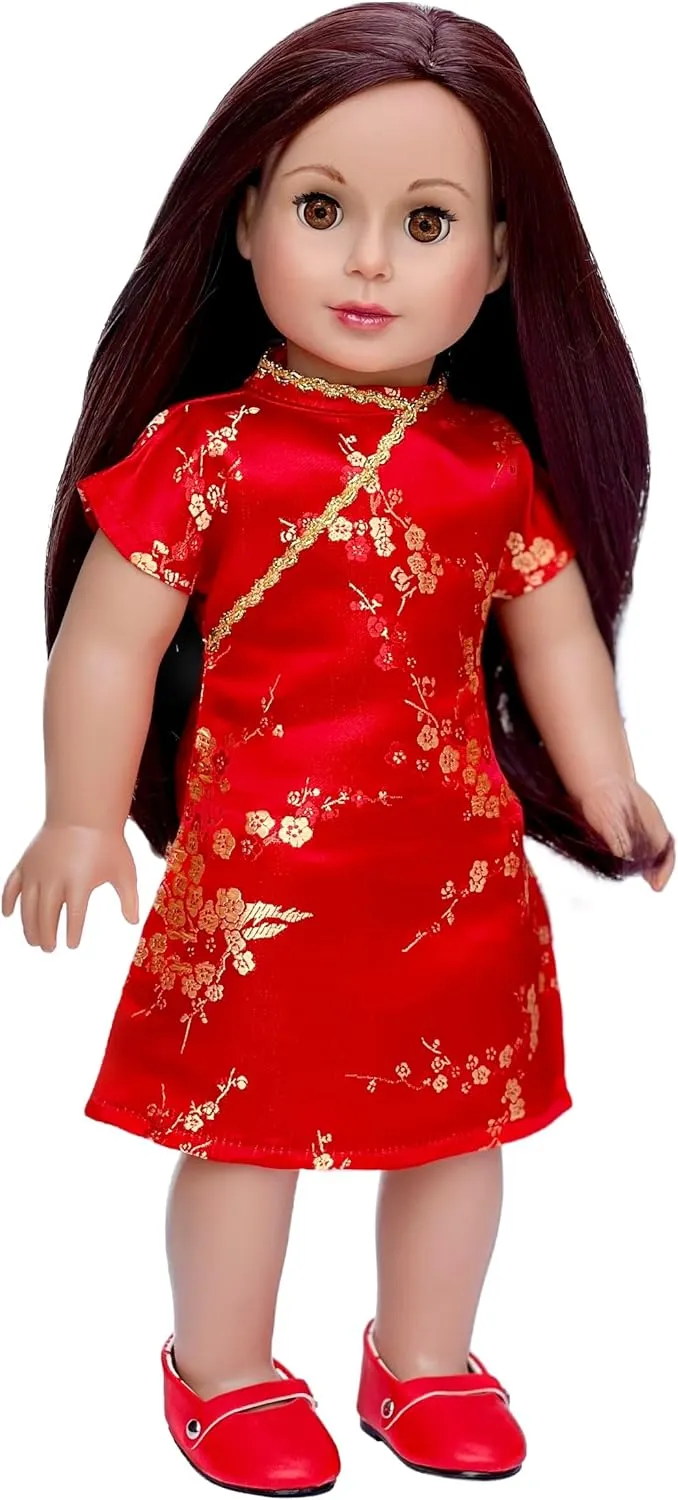 Asian Beauty - Clothes for 18 inch Doll - Asian Red and Gold Traditional Dress with Golden Shoes