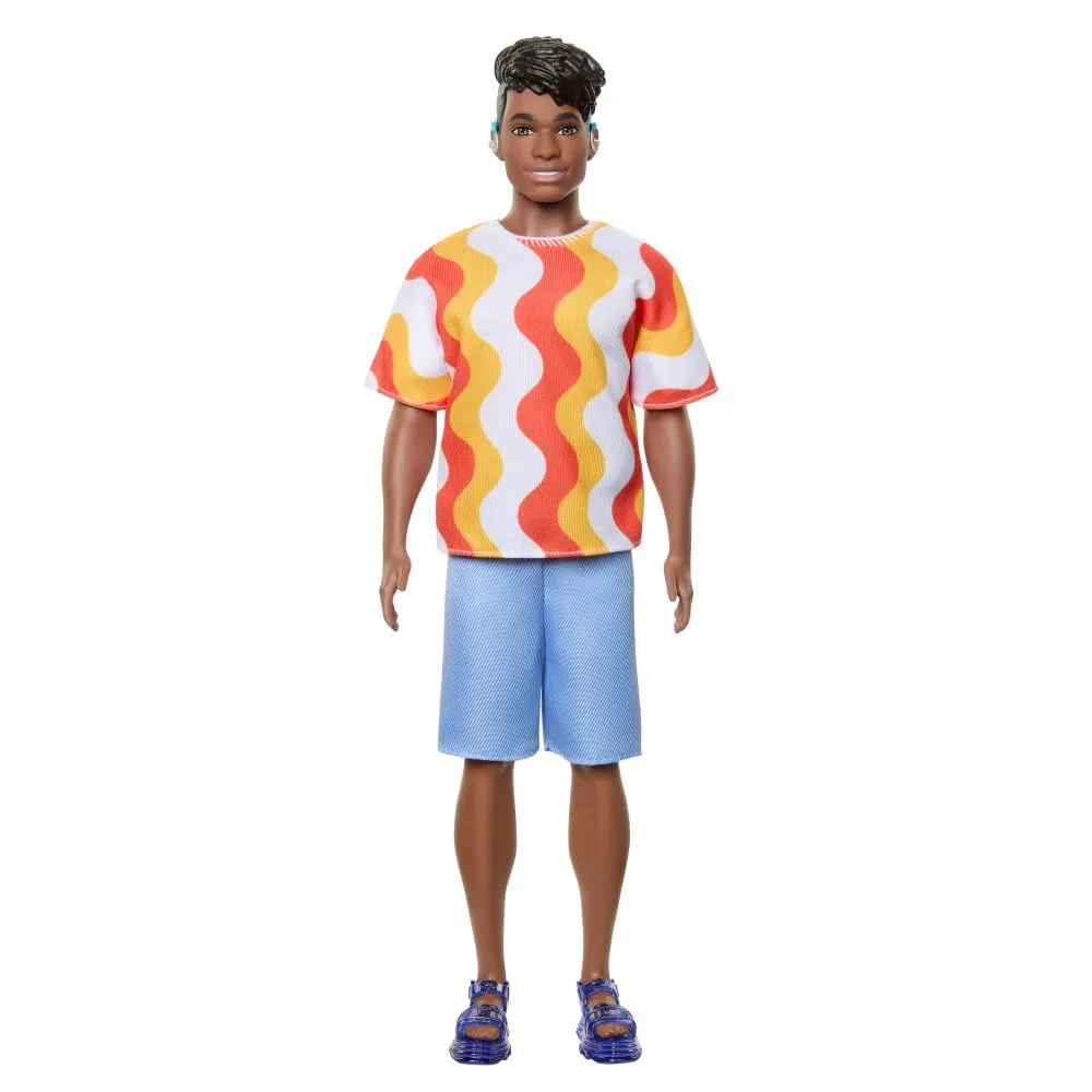 Barbie Fashionistas Ken Doll #220 with Behind-the-Ear Hearing Aids & Broad Body Wearing a Removable Orange Patterned Shirt, Shorts & Jelly Sandals