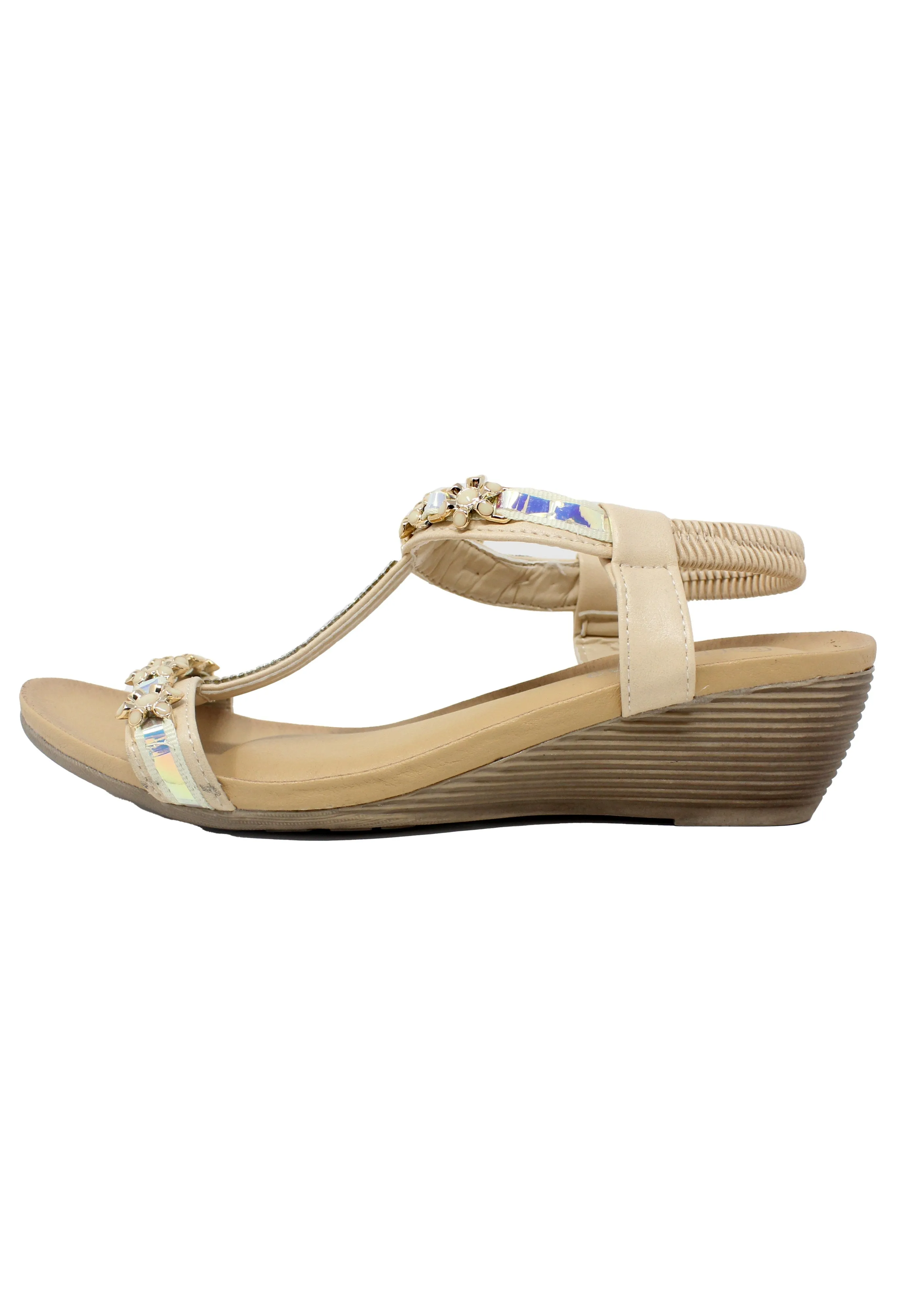 Beige Lightweight T Strap Wedge Sandal