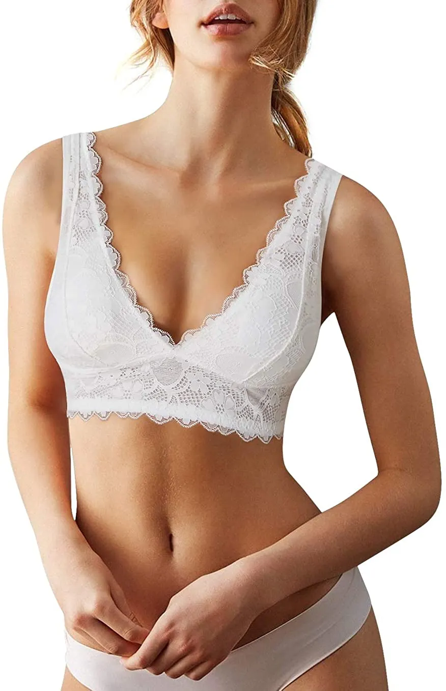 BRABIC Bralette for Women Lace Plunge Bra Deep V Racerback with Removable Pads Wirefree