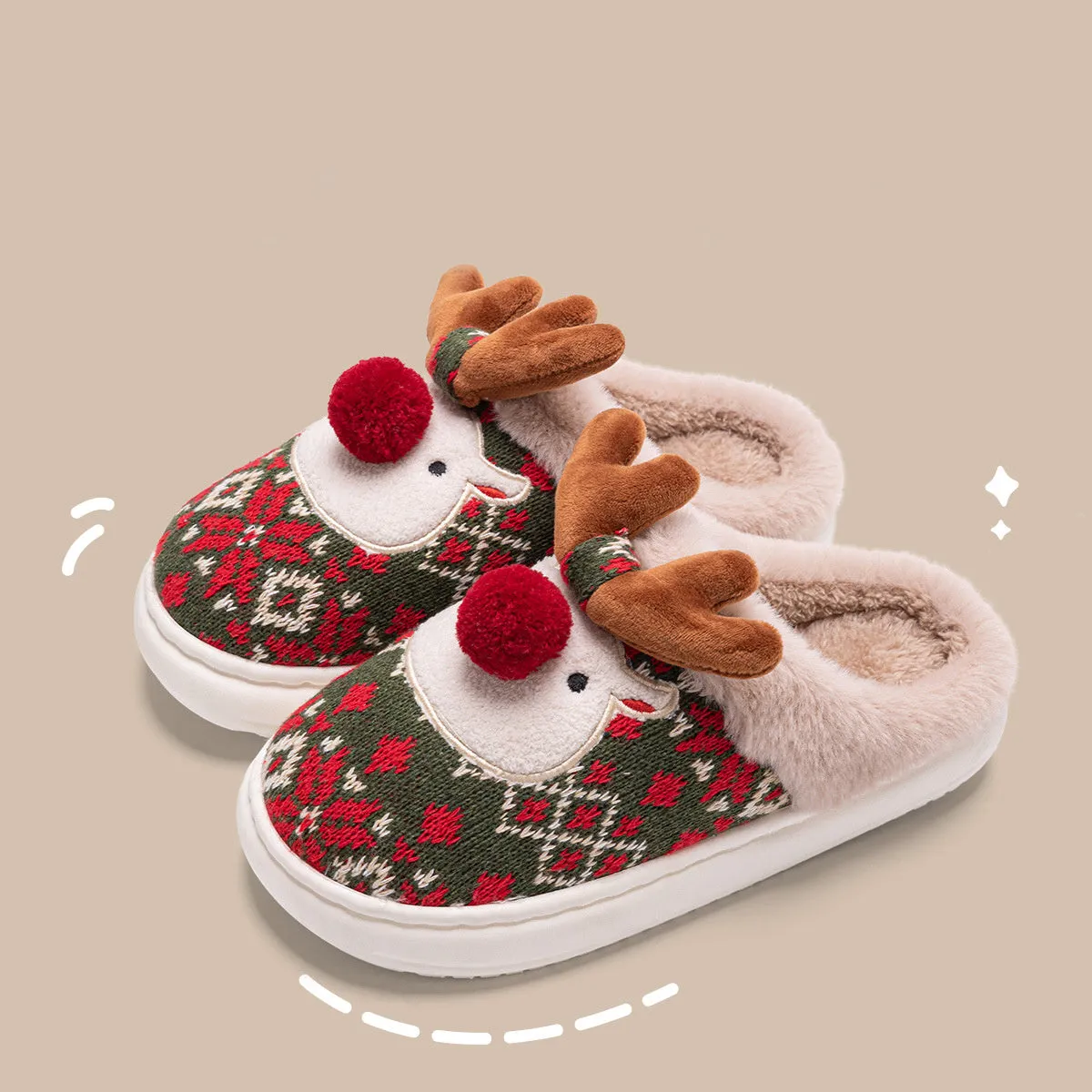 Cute Christmas Plush Elk Slippers – Winter Non-Slip Home Slippers for Women