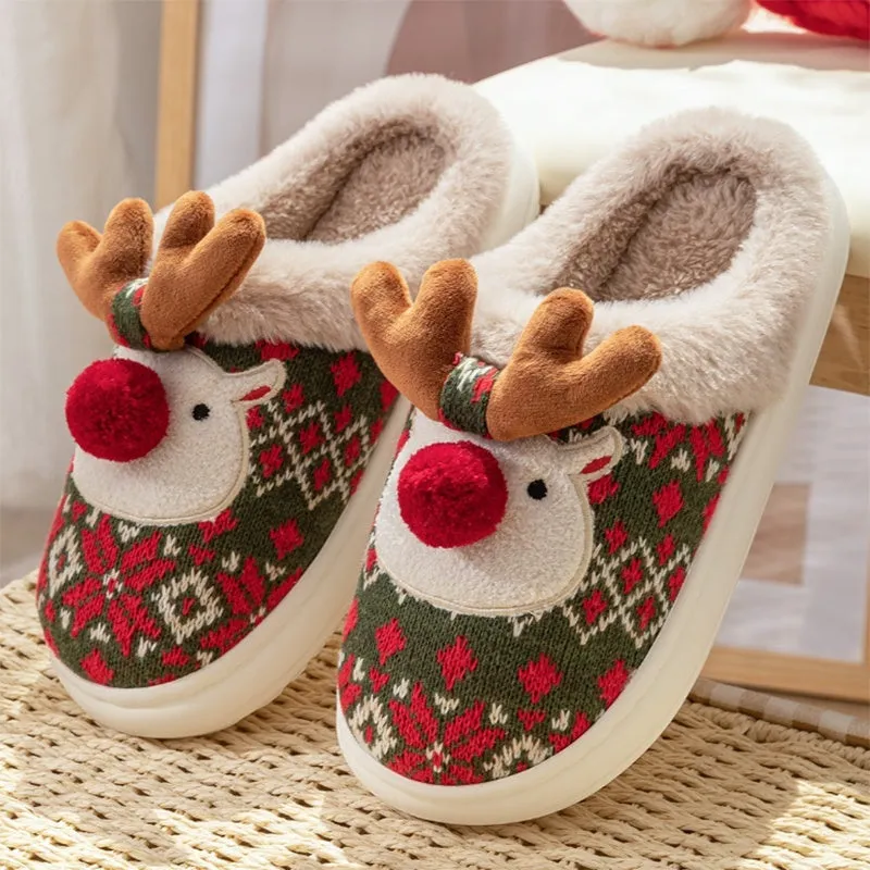 Cute Christmas Plush Elk Slippers – Winter Non-Slip Home Slippers for Women