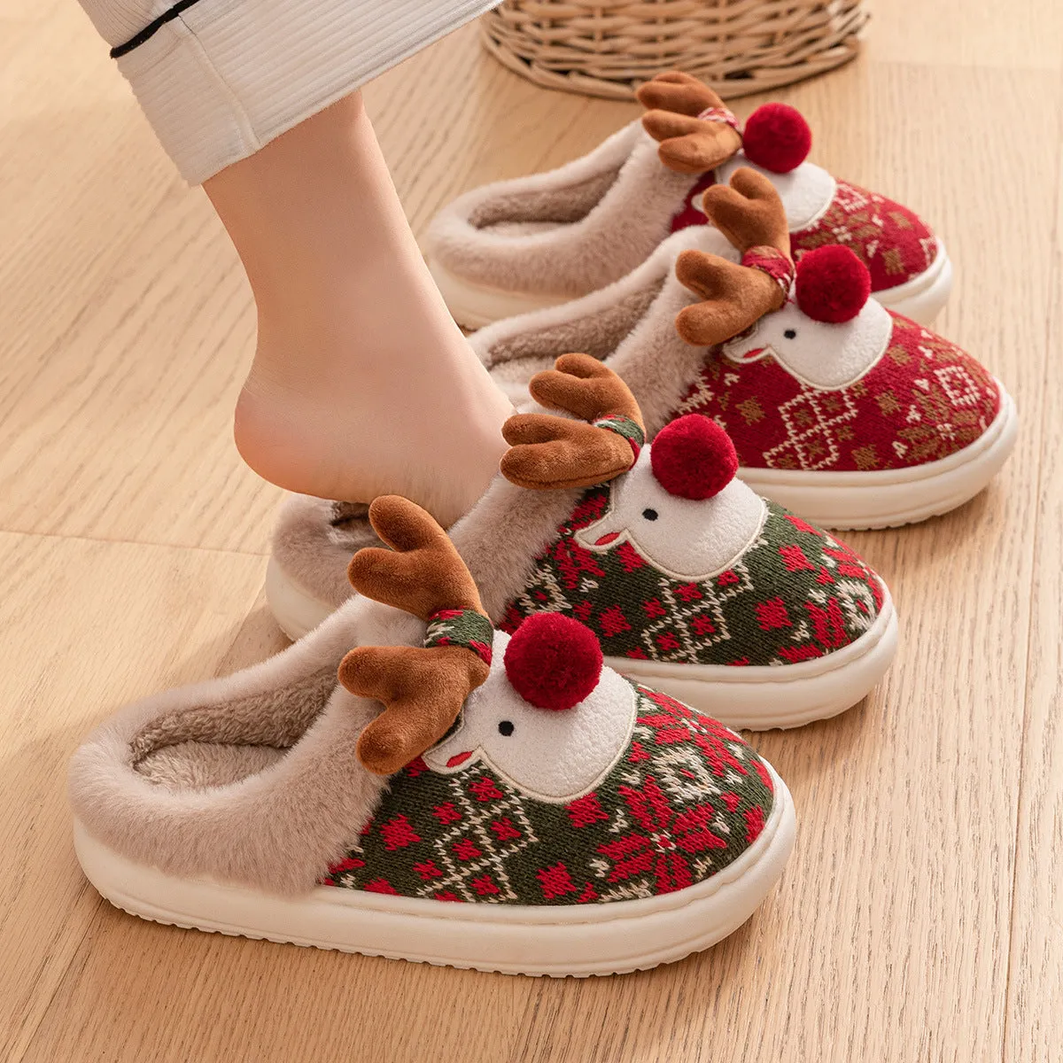 Cute Christmas Plush Elk Slippers – Winter Non-Slip Home Slippers for Women