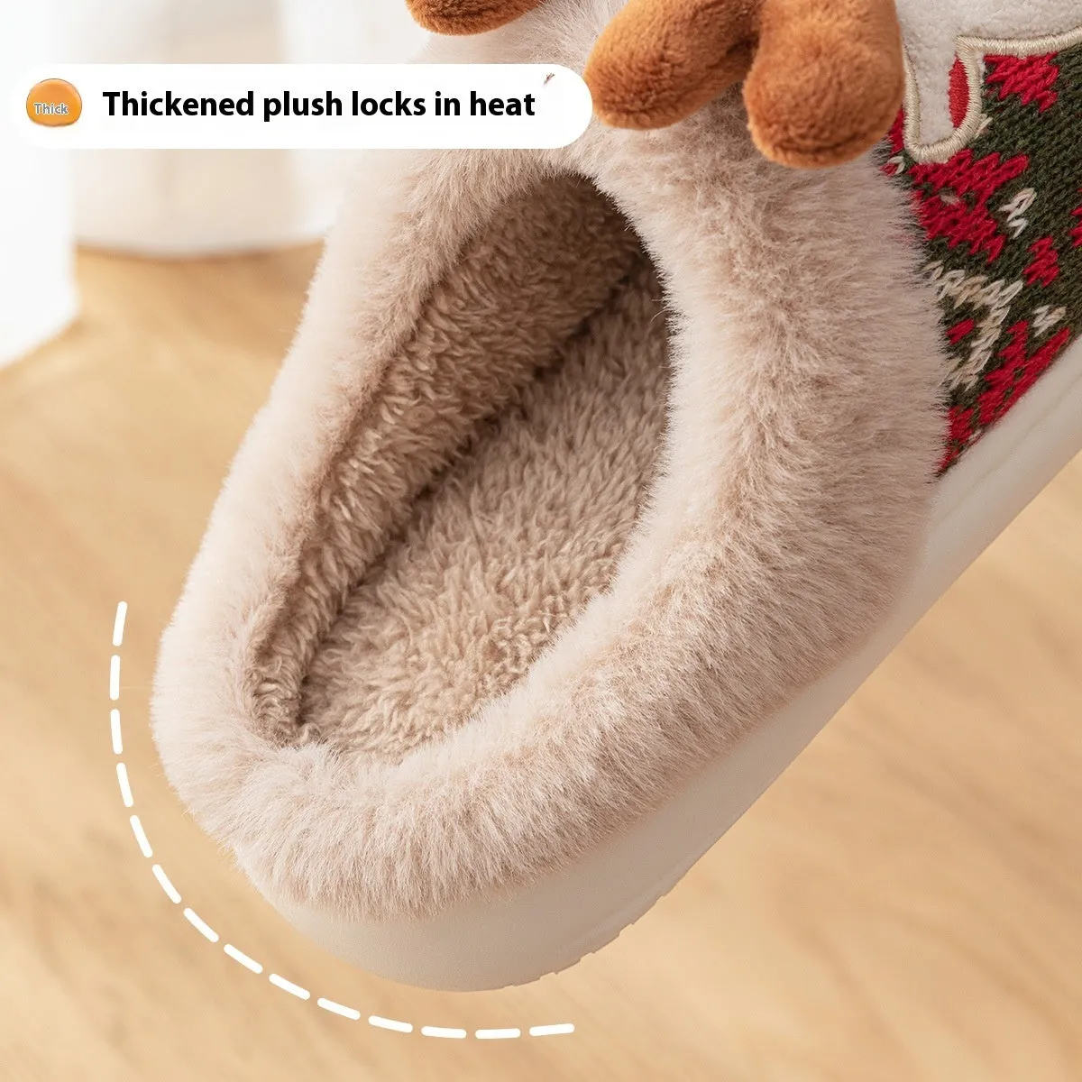 Cute Christmas Plush Elk Slippers – Winter Non-Slip Home Slippers for Women