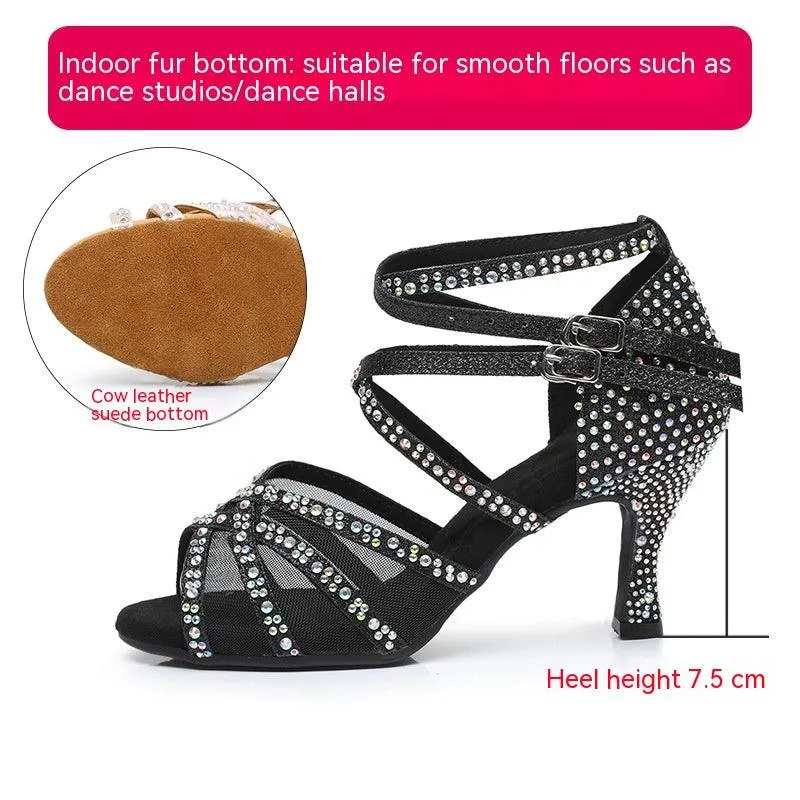 Diamond Latin Dance Shoes Women's Sandals Professional Soft Bottom Dance Shoes Mid-high Heel