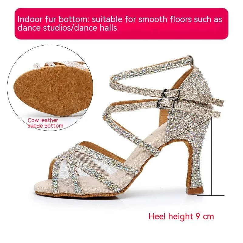 Diamond Latin Dance Shoes Women's Sandals Professional Soft Bottom Dance Shoes Mid-high Heel