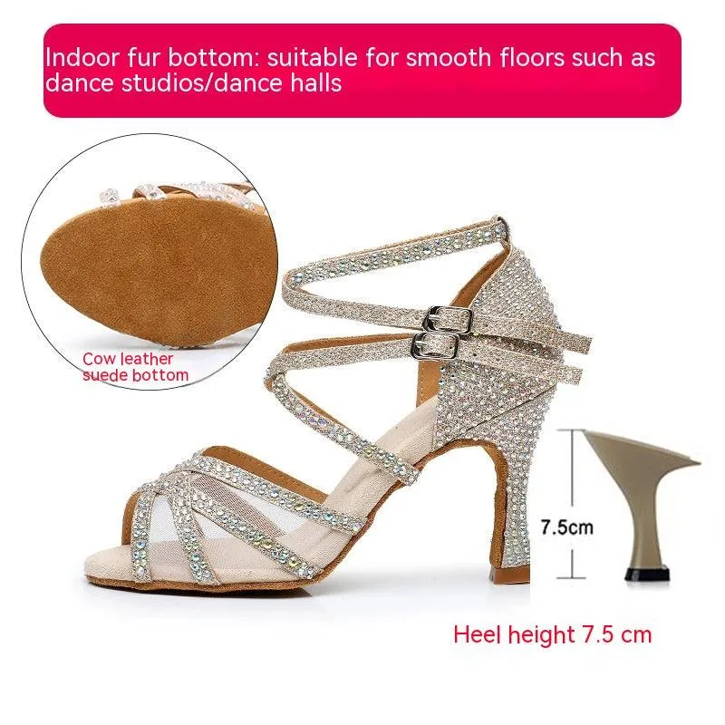 Diamond Latin Dance Shoes Women's Sandals Professional Soft Bottom Dance Shoes Mid-high Heel