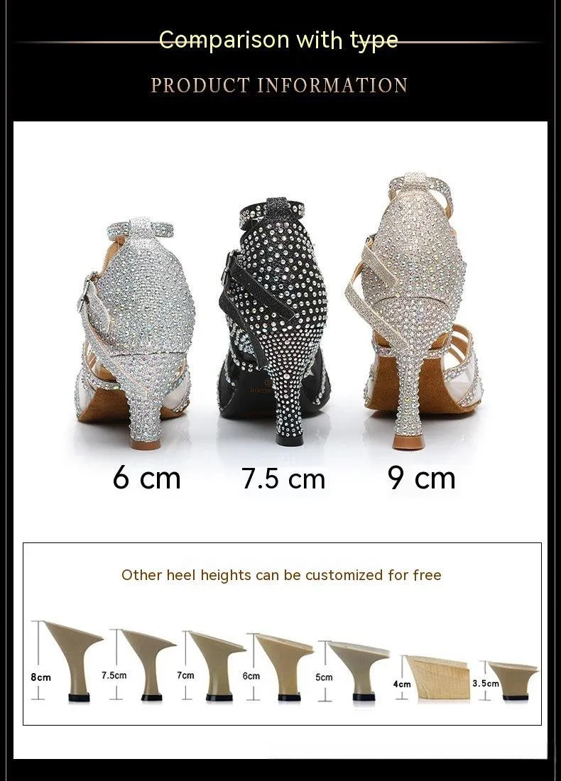 Diamond Latin Dance Shoes Women's Sandals Professional Soft Bottom Dance Shoes Mid-high Heel