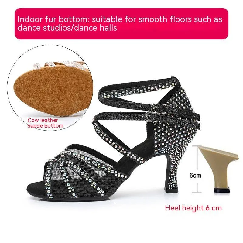 Diamond Latin Dance Shoes Women's Sandals Professional Soft Bottom Dance Shoes Mid-high Heel