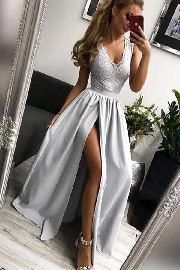 Elegant A Line V Neck Open Back Split Light Grey Lace Long Prom Dresses  PG751