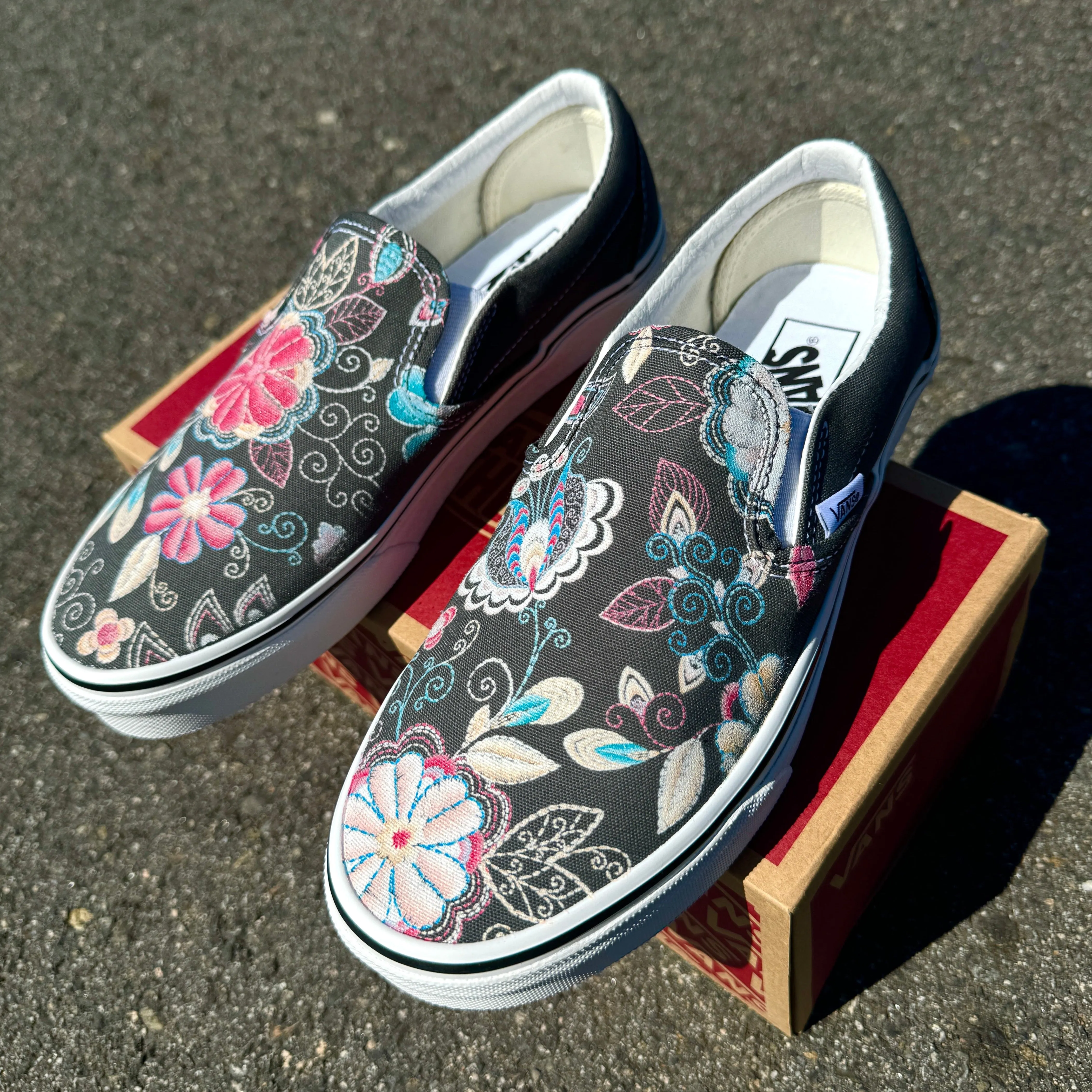 Embroidery Inspired Charcoal Vans Slip On Shoes - Custom Vans Shoes for Men and Women