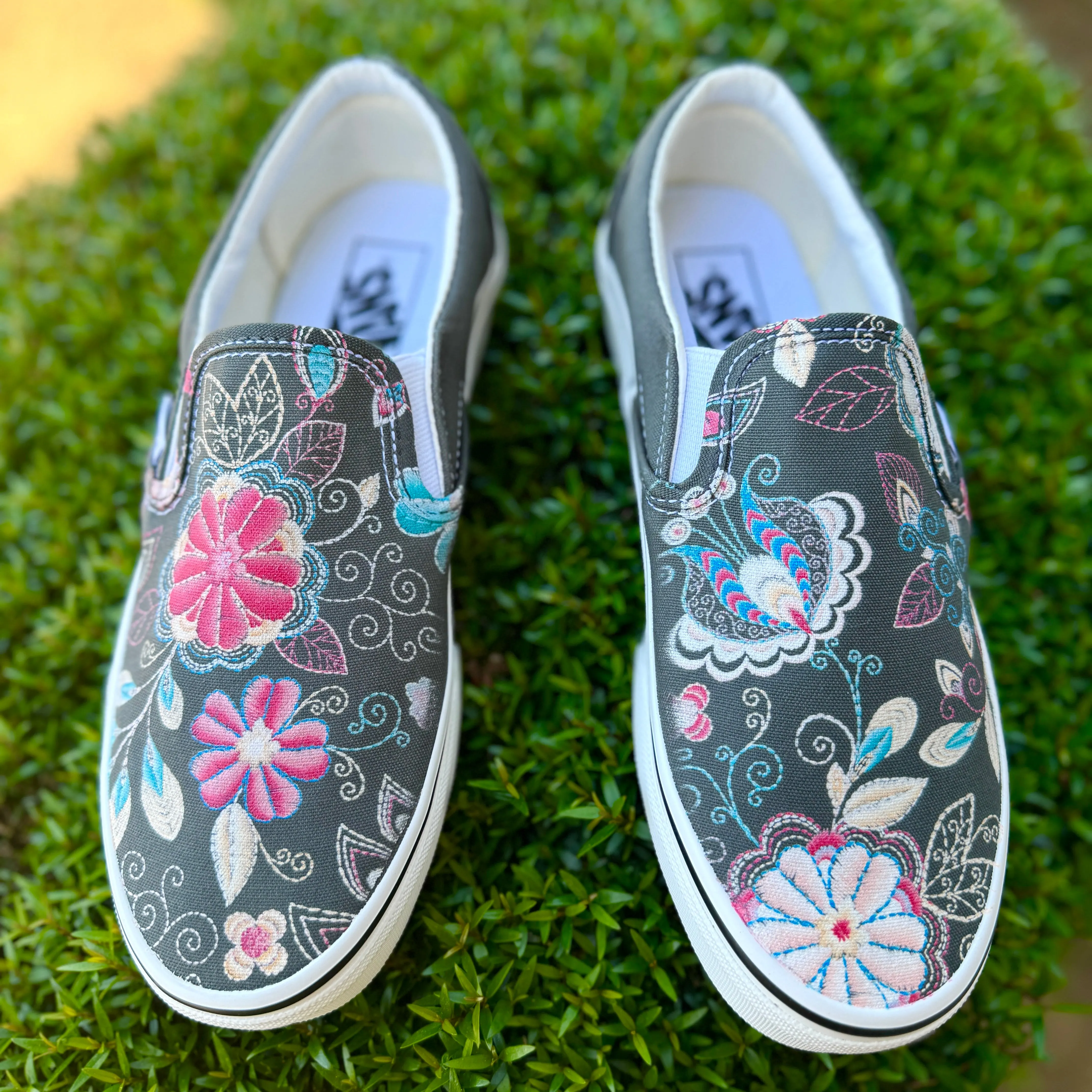 Embroidery Inspired Charcoal Vans Slip On Shoes - Custom Vans Shoes for Men and Women