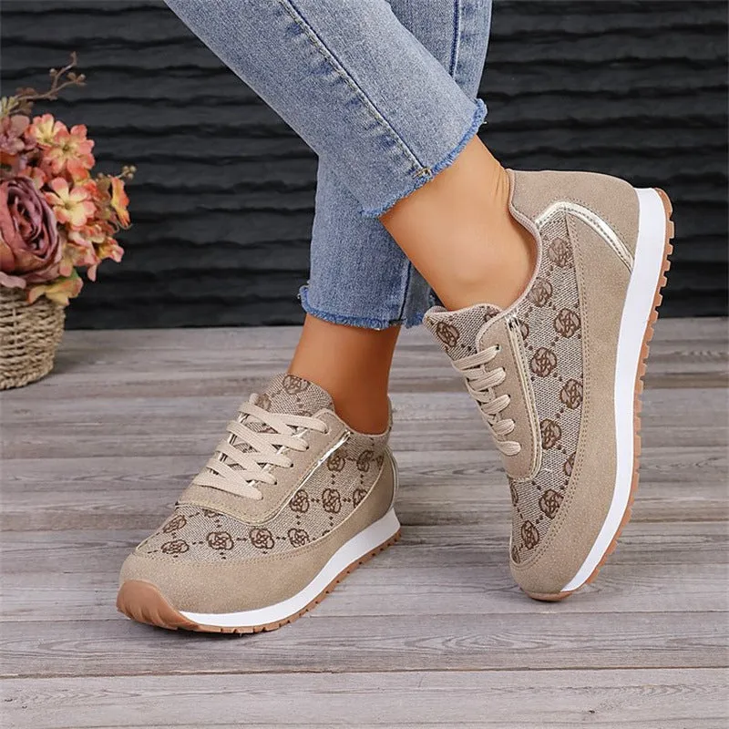 Flower Print Lace-up Sneakers Casual Fashion Lightweight Breathable Walking Running Sports Shoes Women Flats