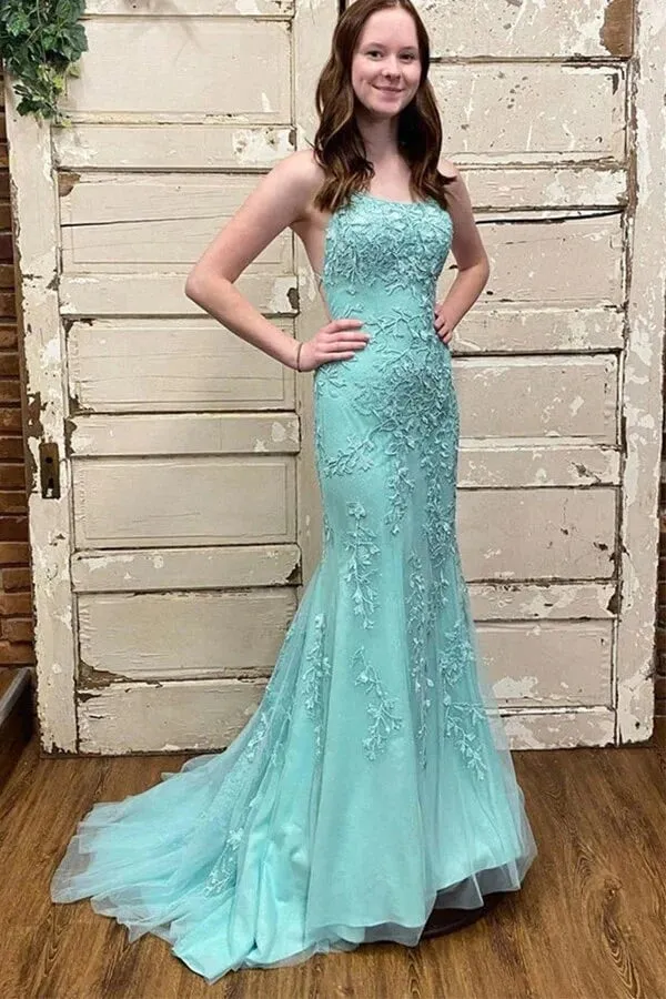 Green Tulle Mermaid Scoop Neck Lace Up Prom Dresses Evening Dresses  PSK438