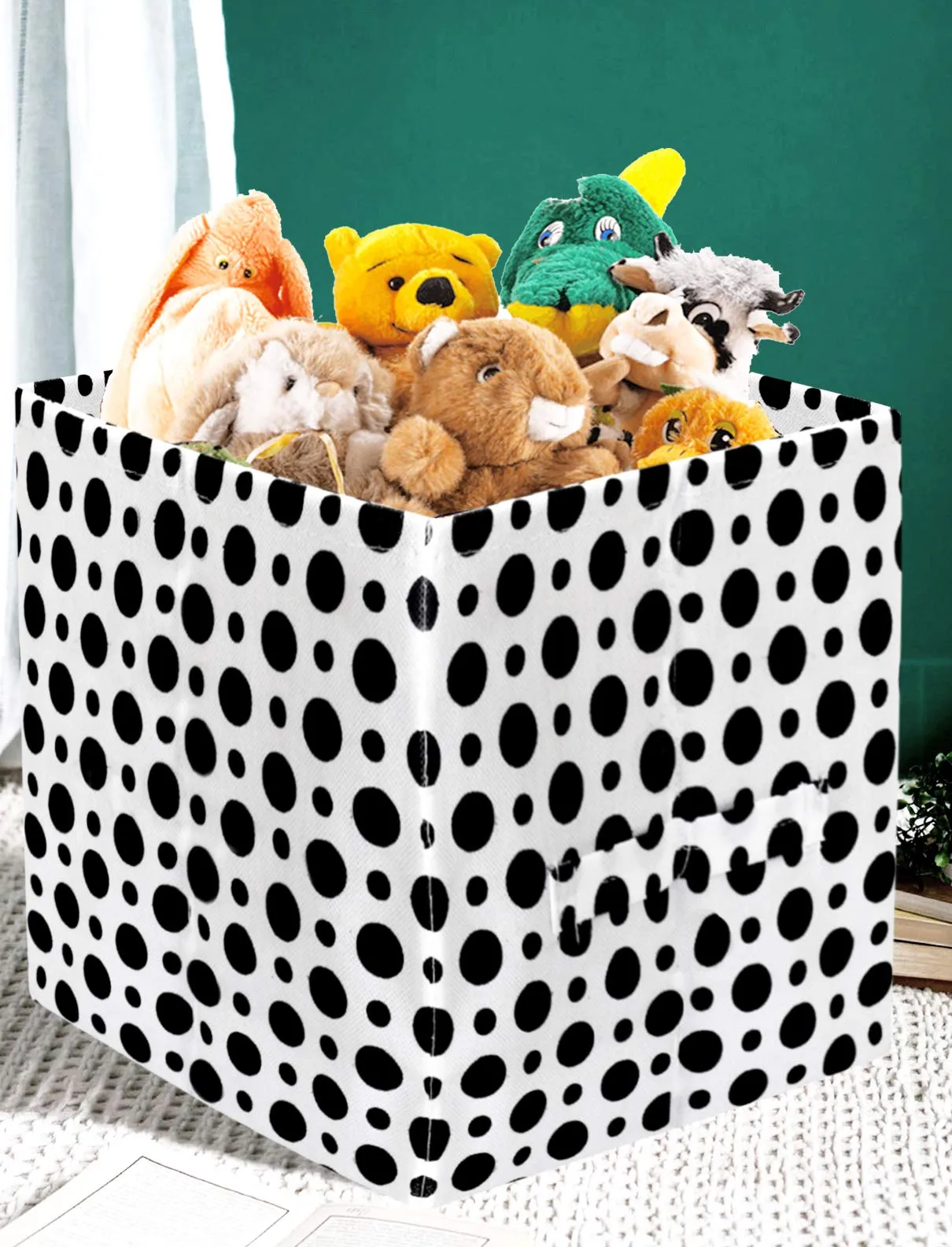 Kuber Industries Dot Print Non Woven 6 Pieces Fabric Foldable Storage Cubes For Toy,Books,Shoes Storage Box With Handle,Extra Large (Black)-KUBMART16116