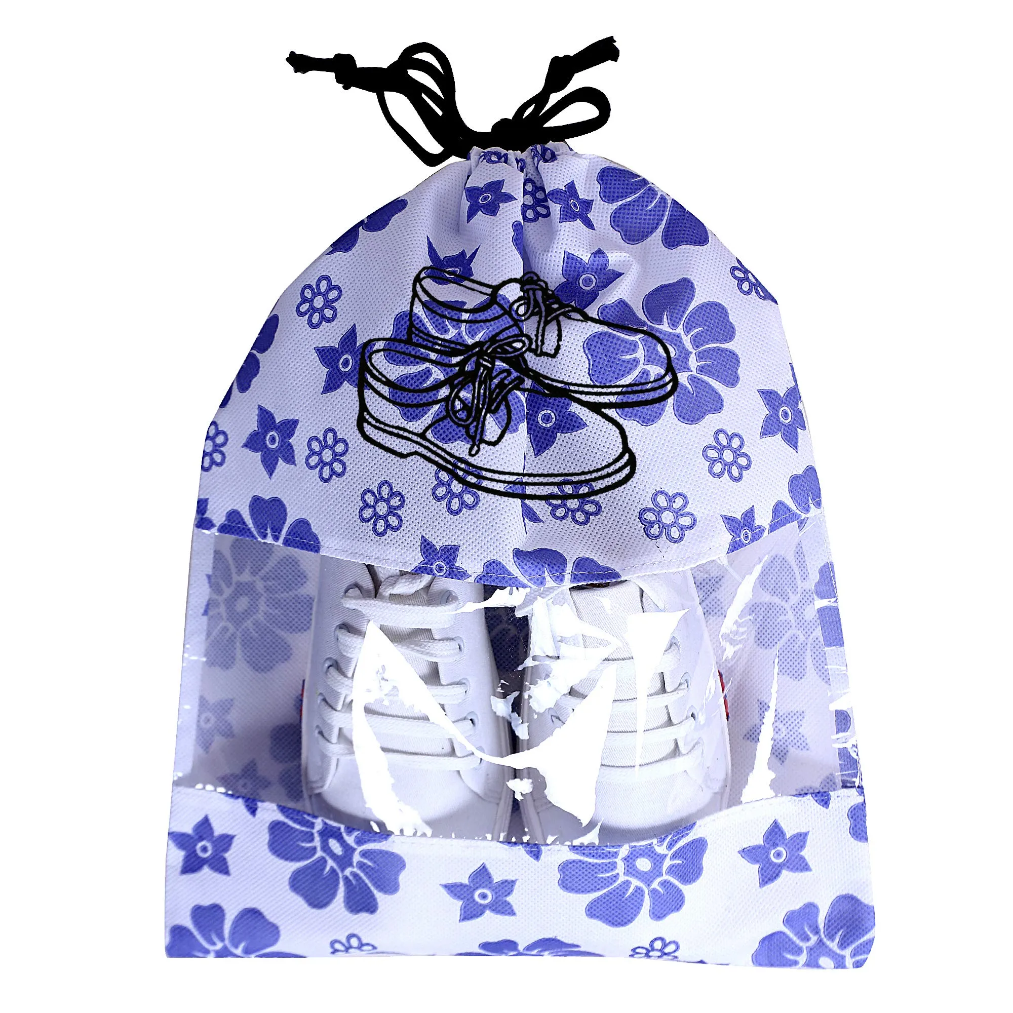 Kuber Industries Flower Design 24 Piece Non Woven Travel Shoe Cover, String Bag Organizer, Royal Blue -CTMTC39529