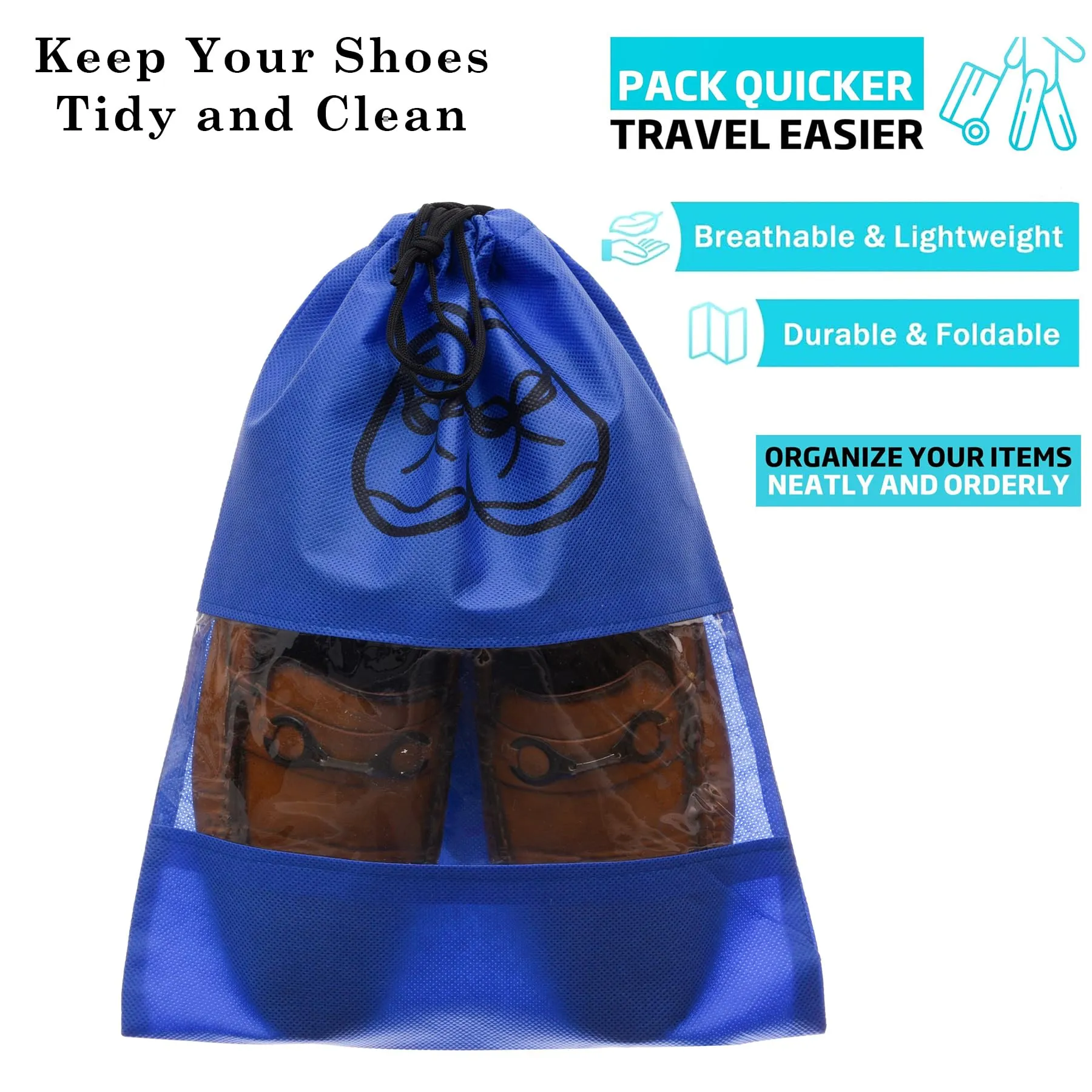 Kuber Industries Shoe Cover | Travel Shoe Storage Bags | Non-Woven Storage Bag | Shoe Cover with Drawstring | Shoe Organizer with Clear Window | Plain | Pack of 6 | Blue