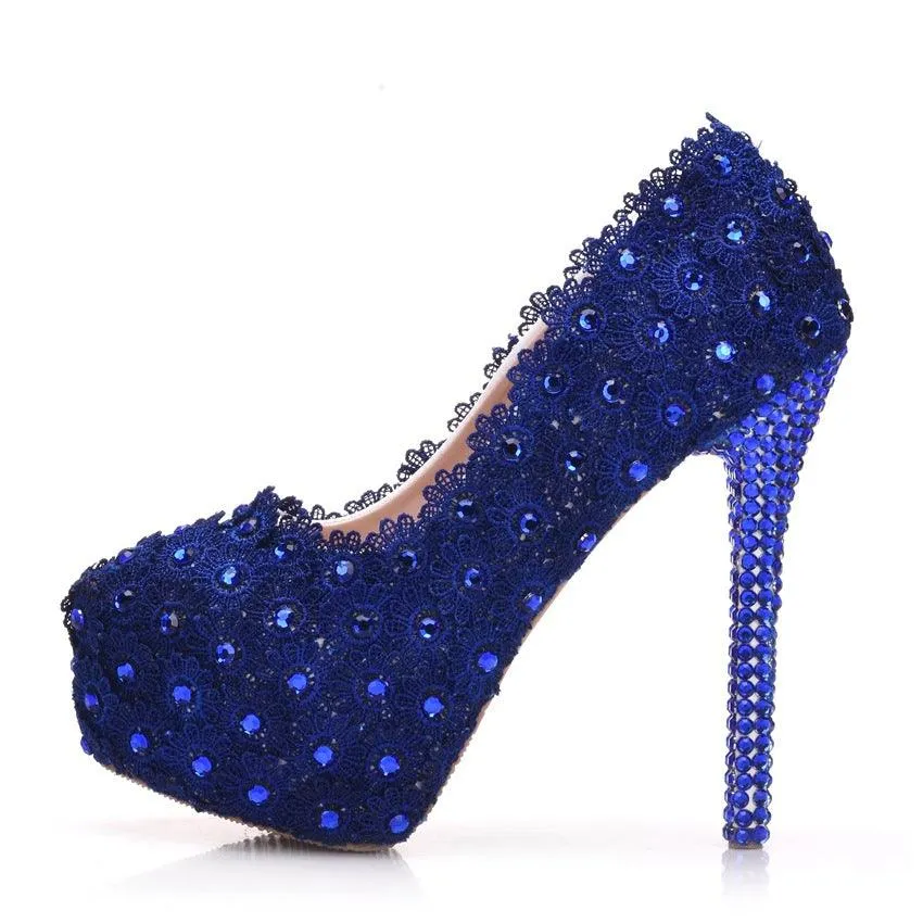 Lace Wedding Shoes Rhinestone Blue Lace Shoes