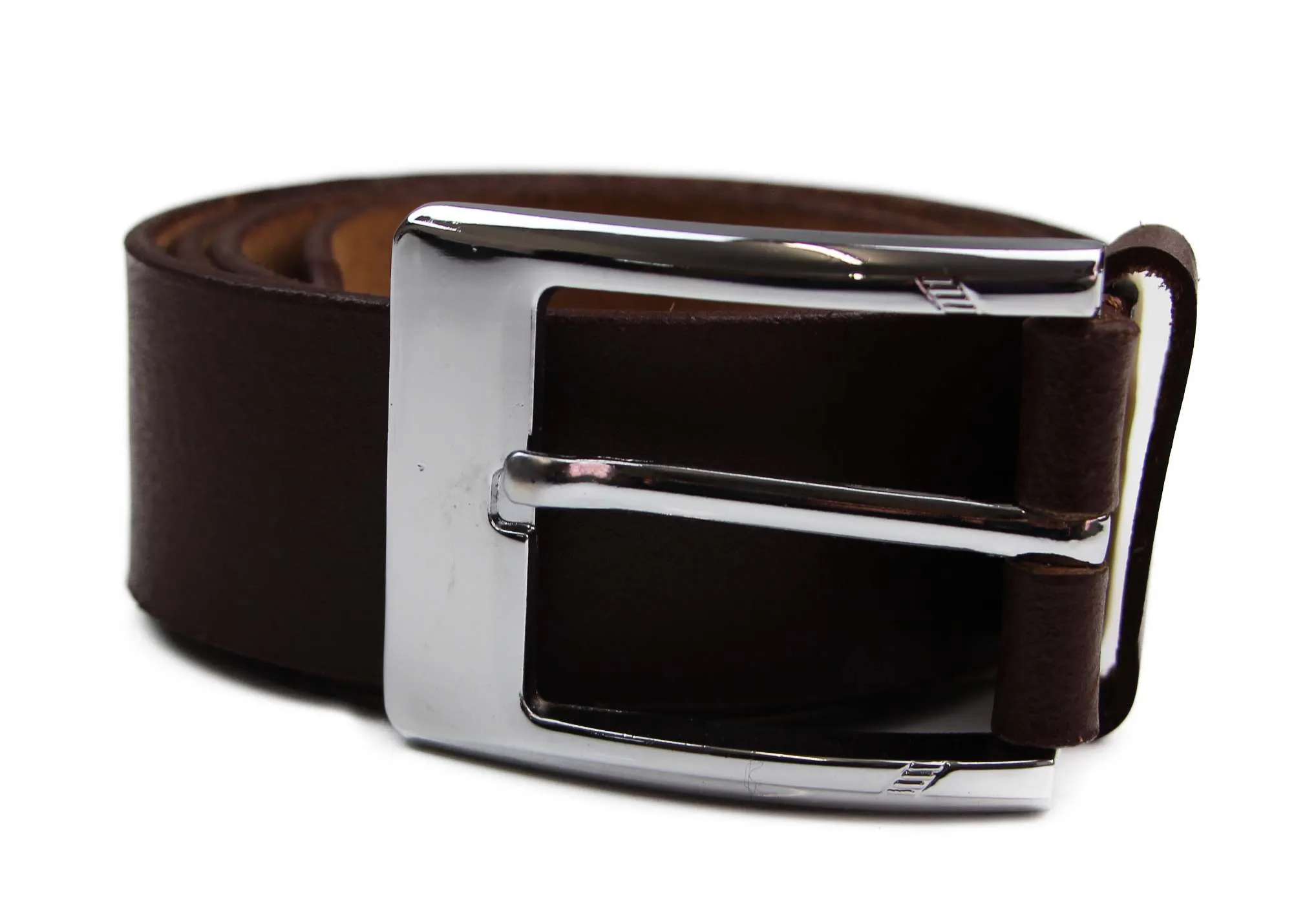 Mens  Brown Leather Belt With Curved Silver Buckle