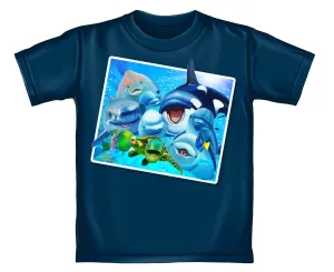 Ocean Animals Dolphin Shark Turtle Whale Selfie Youth Tee Shirt (Large 12/14