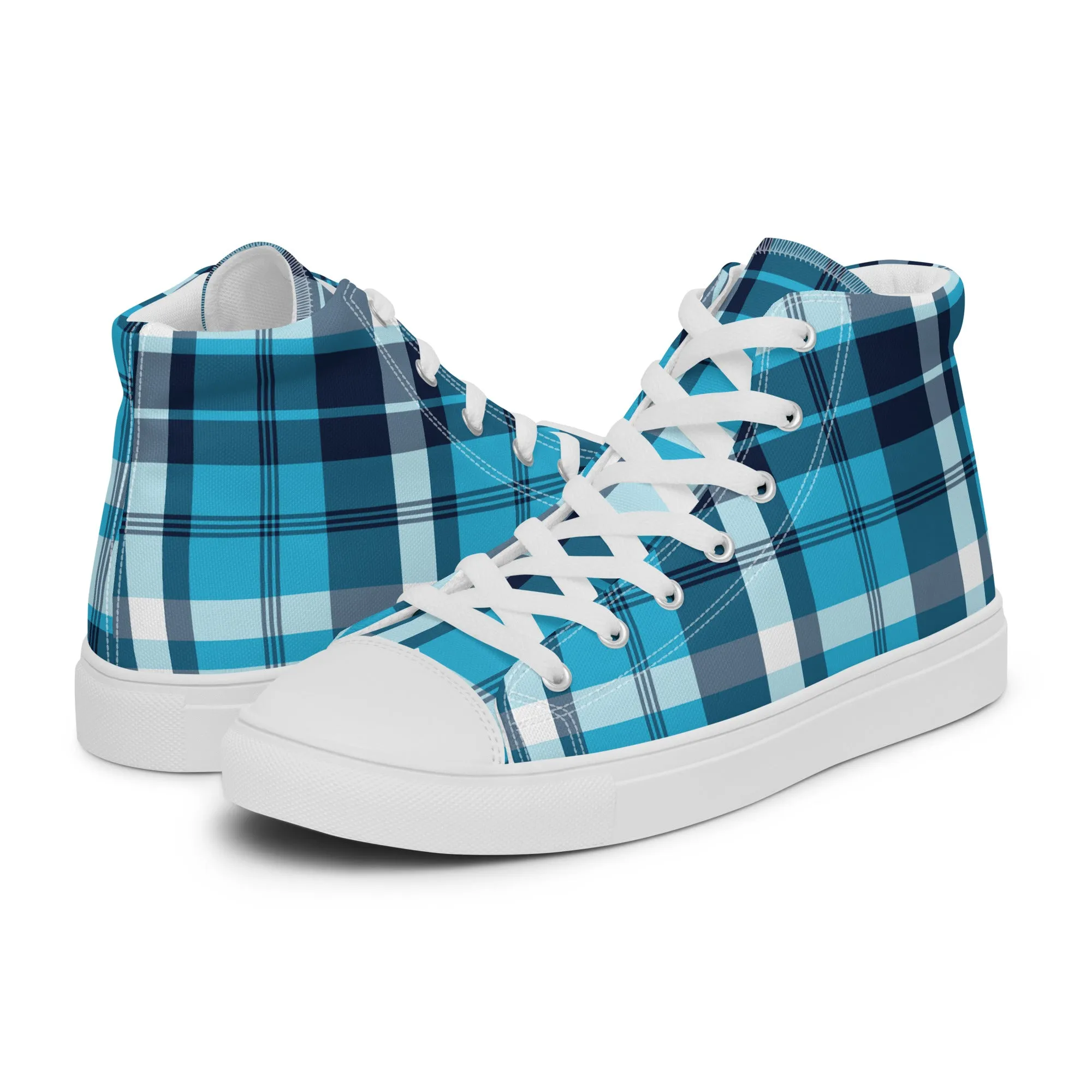 Ocean Blues Preppy Surfer Girl Plaid High Top Canvas Shoes