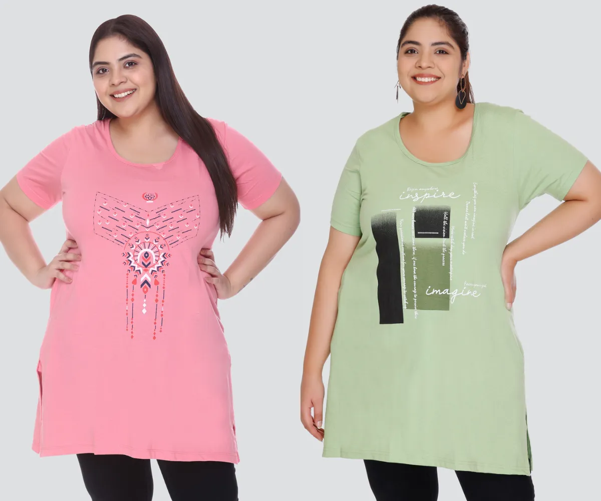 Plus Size Long T-shirts For Women - Half Sleeve - Pack of 2 (Green & Blush Pink)