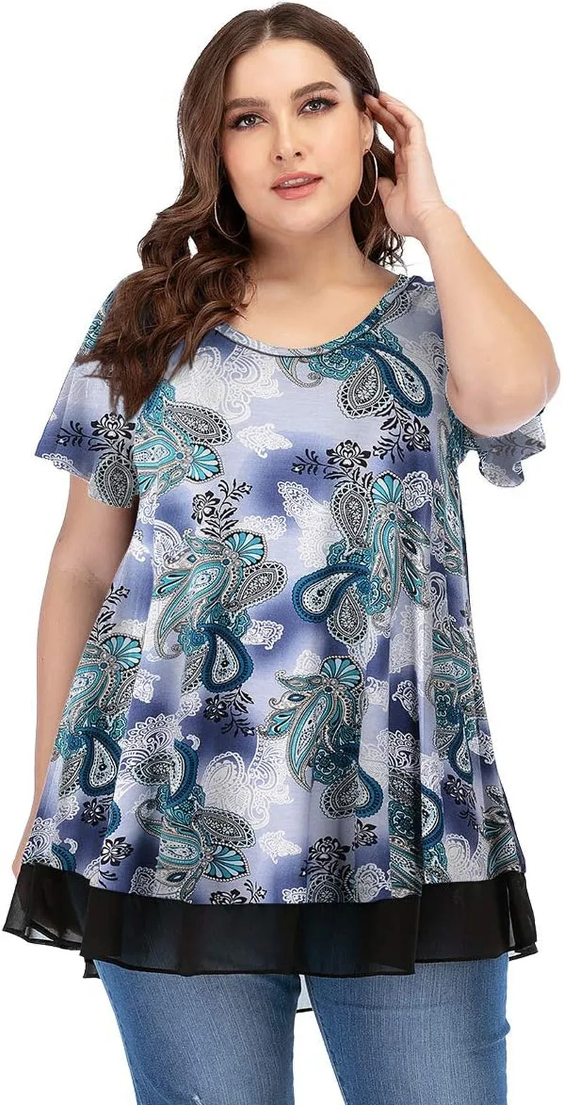 plus Size Tunic Tops for Womens Summer Clothes Dressy round Neck Short Sleeve Shirts Flowy Chiffon Blouses