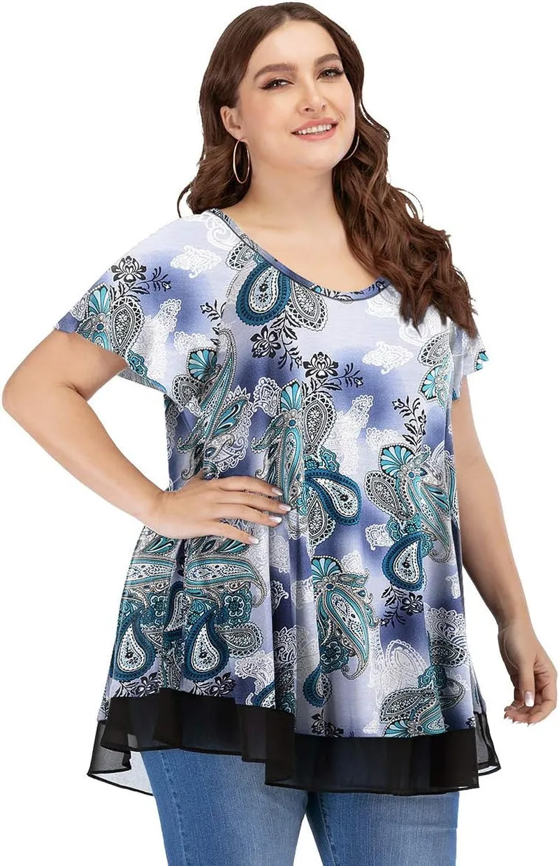 plus Size Tunic Tops for Womens Summer Clothes Dressy round Neck Short Sleeve Shirts Flowy Chiffon Blouses