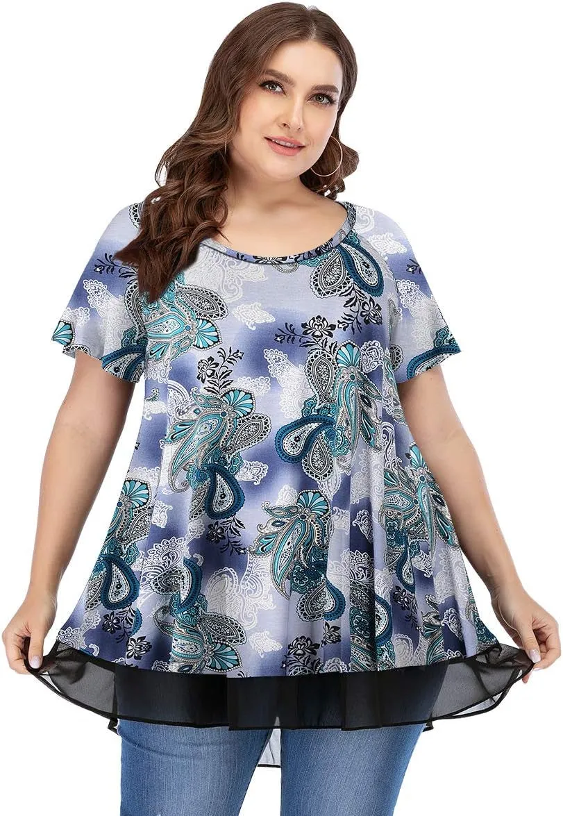 plus Size Tunic Tops for Womens Summer Clothes Dressy round Neck Short Sleeve Shirts Flowy Chiffon Blouses