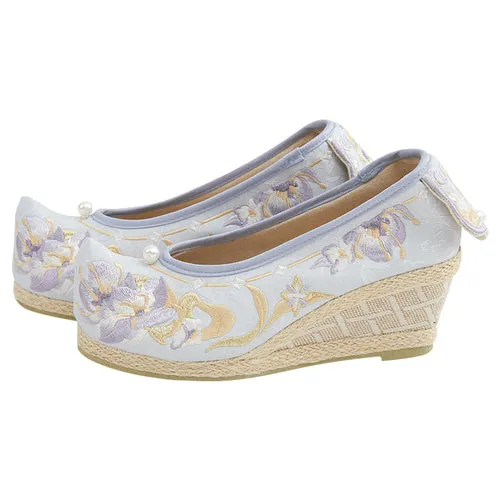 "花照" Three-Color Traditional Pattern Embroidered Low Heel Bow Shoes