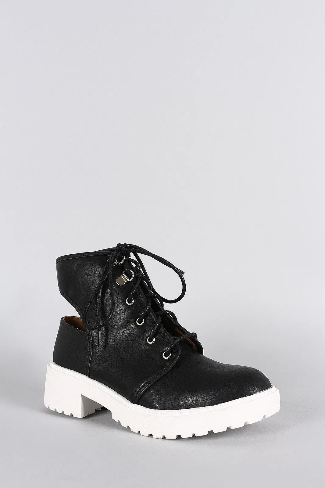 Qupid Round Toe Lace Up Cutout Booties