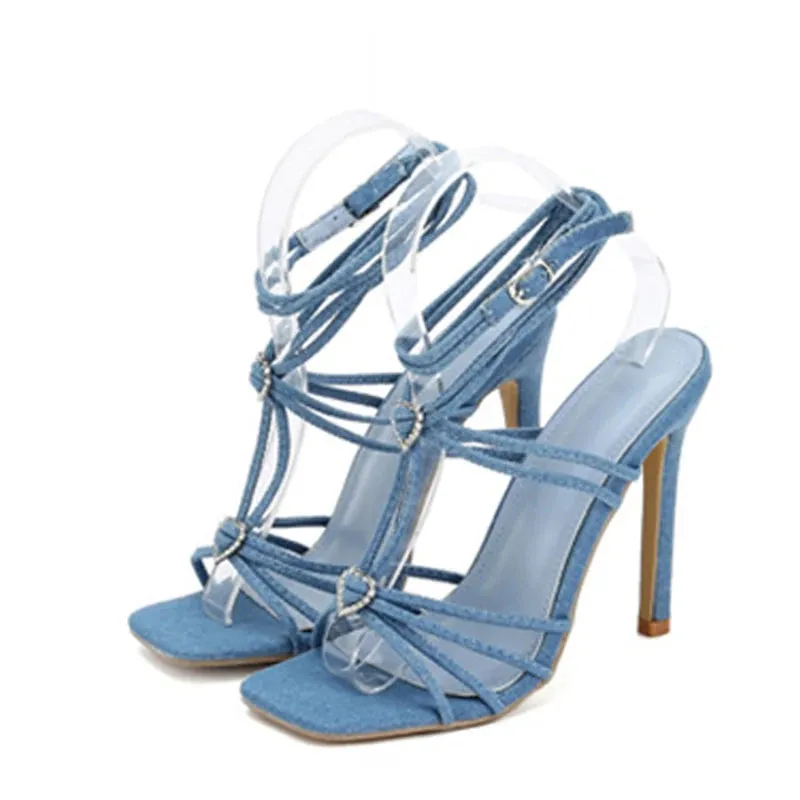 Rhinestone Buckle Narrow Band high heel Sandals