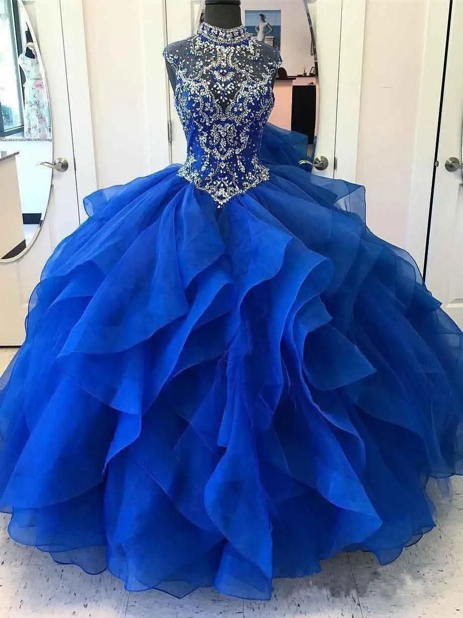 Royal Blue Organza High Neck Quinceanera Dresses Prom Dress PG726