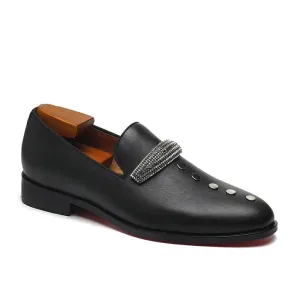 Solid Black Button Appliques Loafers