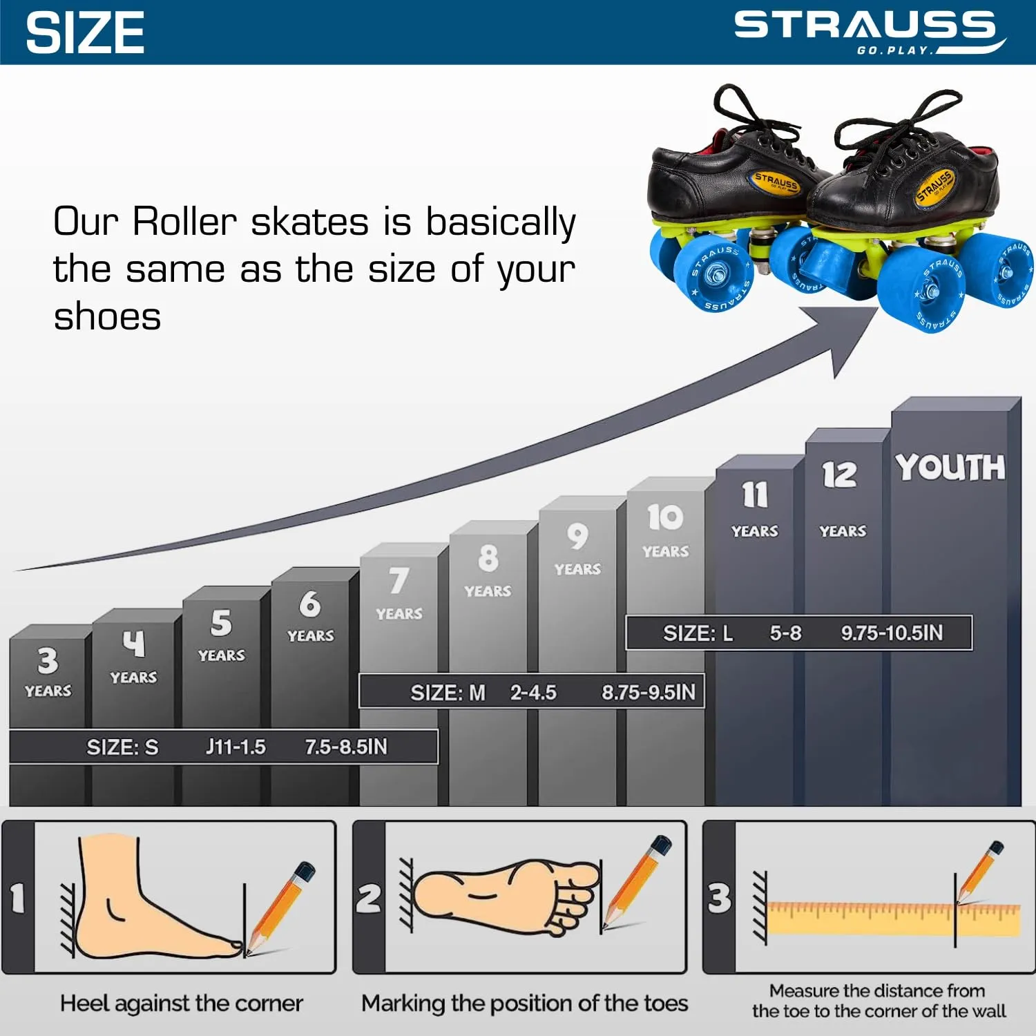 STRAUSS Gripper Adjustable Skating Shoes | Quad Shoes Fixed Body Roller Skates | Combo Set for Boys, Girls and Kids | Ideal for All Skill Level | Size- 1, (Black)