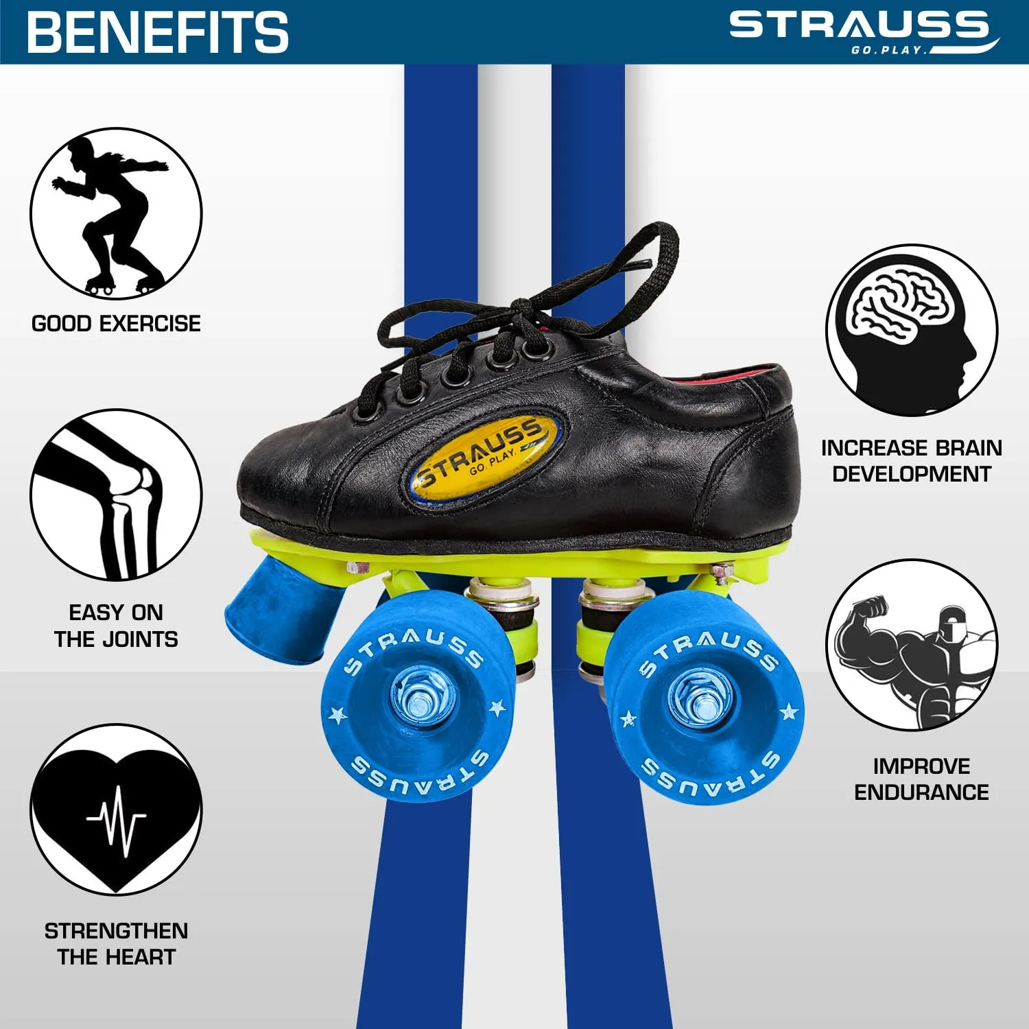 STRAUSS Gripper Adjustable Skating Shoes | Quad Shoes Fixed Body Roller Skates | Combo Set for Boys, Girls and Kids | Ideal for All Skill Level | Size- 1, (Black)