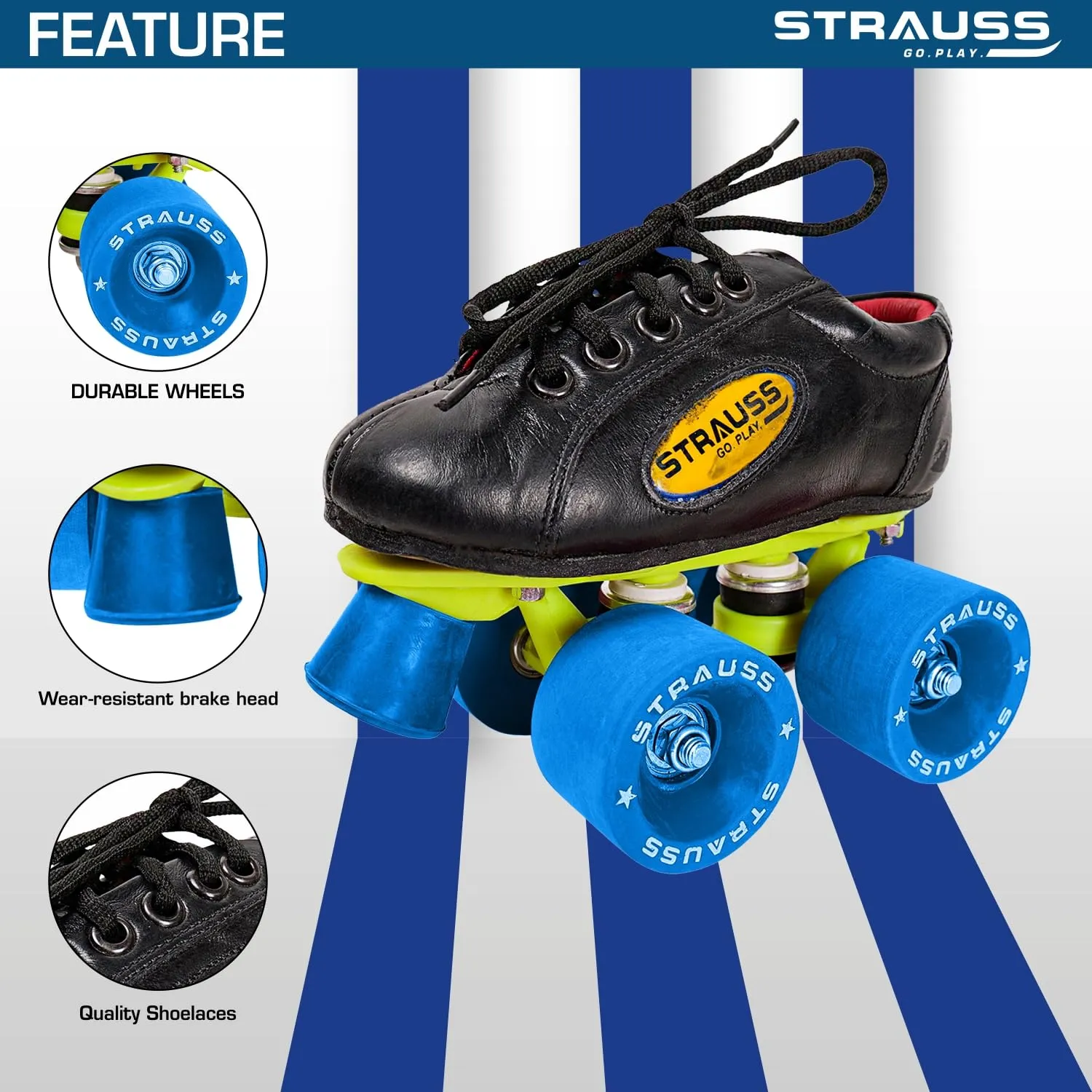 STRAUSS Gripper Adjustable Skating Shoes | Quad Shoes Fixed Body Roller Skates | Combo Set for Boys, Girls and Kids | Ideal for All Skill Level | Size- 1, (Black)