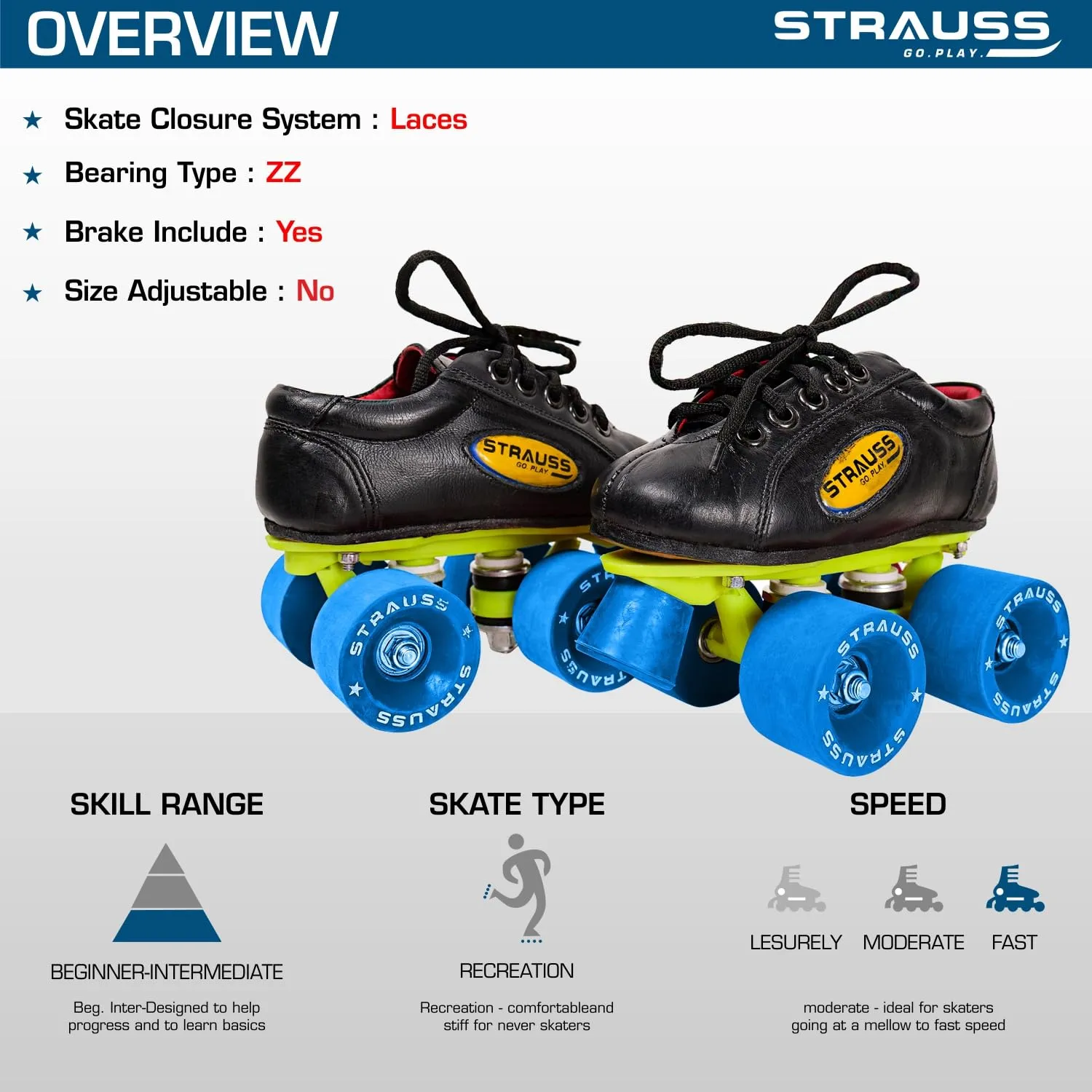 STRAUSS Gripper Adjustable Skating Shoes | Quad Shoes Fixed Body Roller Skates | Combo Set for Boys, Girls and Kids | Ideal for All Skill Level | Size- 1, (Black)