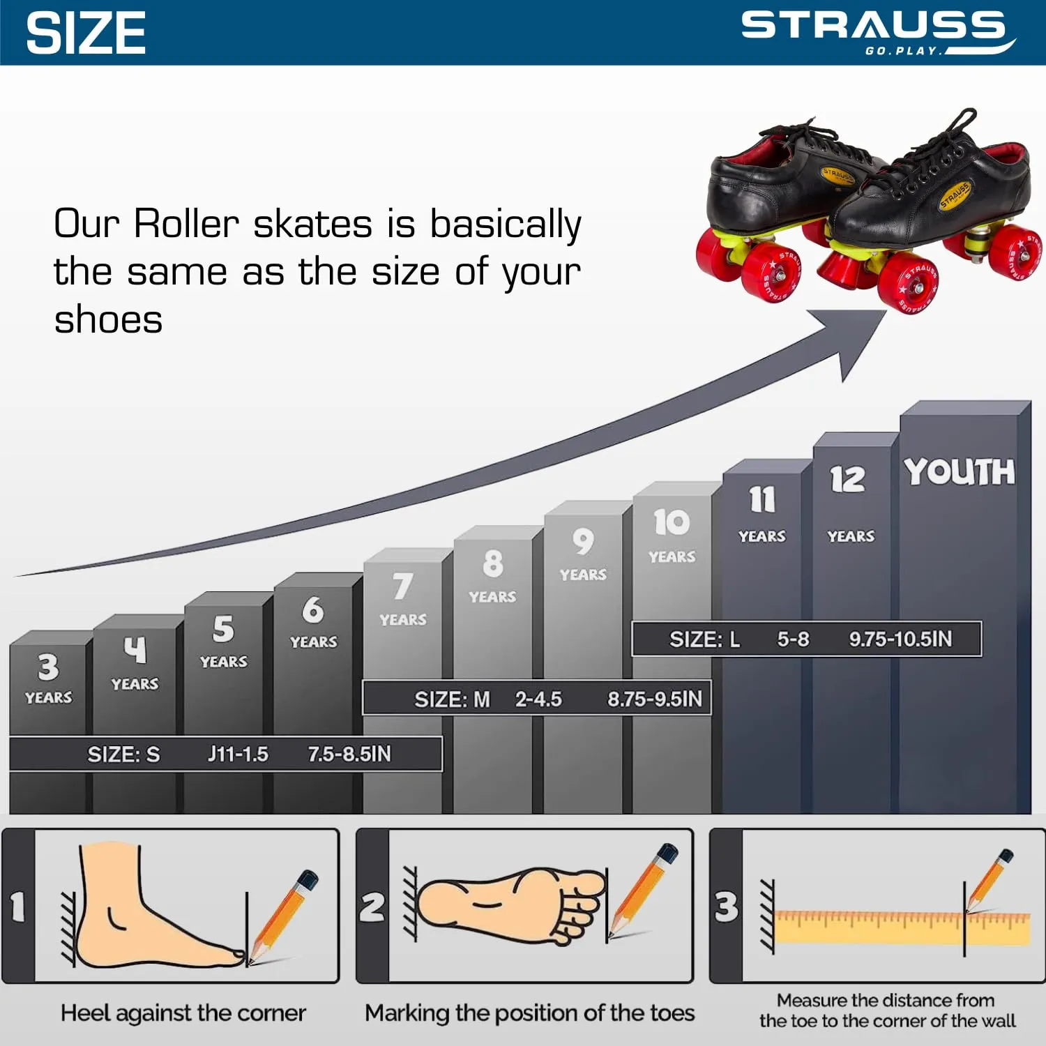 STRAUSS Gripper Skating Shoes | Fixed Body Roller Skates | Shoe Skate with PVC Wheel |Ideal for Boys, Girls and Kids |Suitable for All Skill Level | Ideal for Junior (14-15 Years) Size-7, (Red/Black)