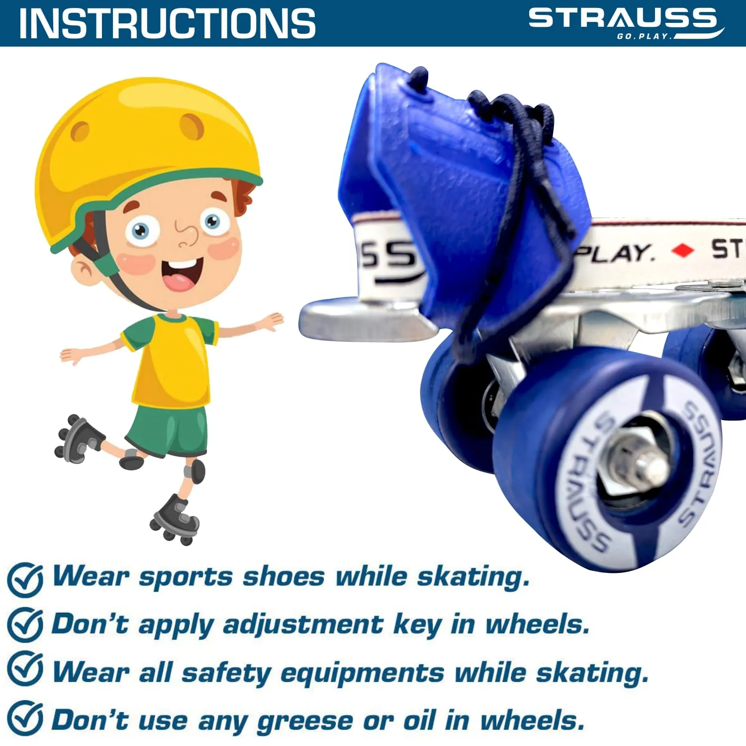 STRAUSS Junior Tenacity Roller Skates | Adjustable Shoe Size for kids | 4 Wheels Skates for Boys and Girls | for Indoor and Outdoor Skating | Age Group 3-7 Years | Weight Capacity upto 40kgs, Blue