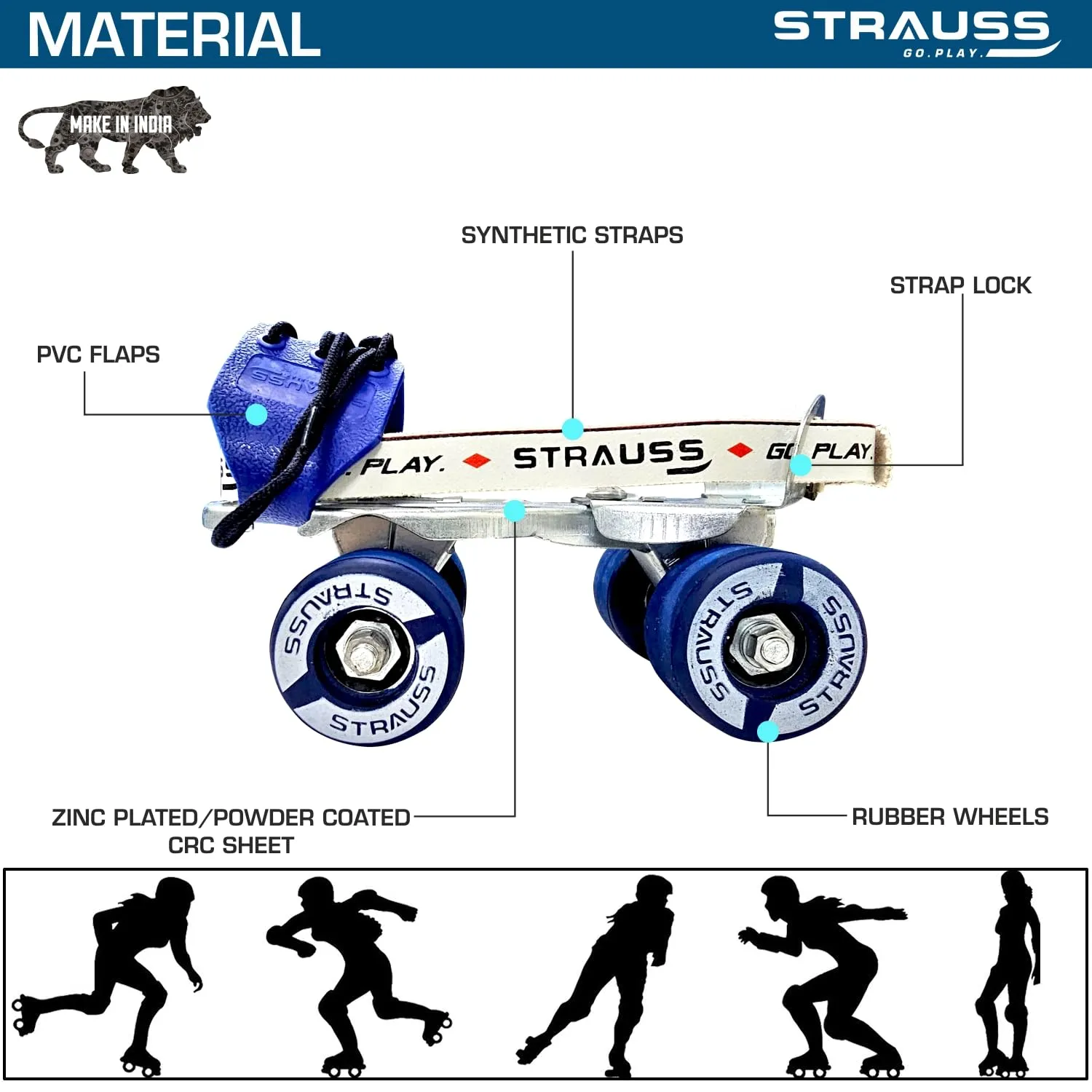 STRAUSS Junior Tenacity Roller Skates | Adjustable Shoe Size for kids | 4 Wheels Skates for Boys and Girls | for Indoor and Outdoor Skating | Age Group 3-7 Years | Weight Capacity upto 40kgs, Blue