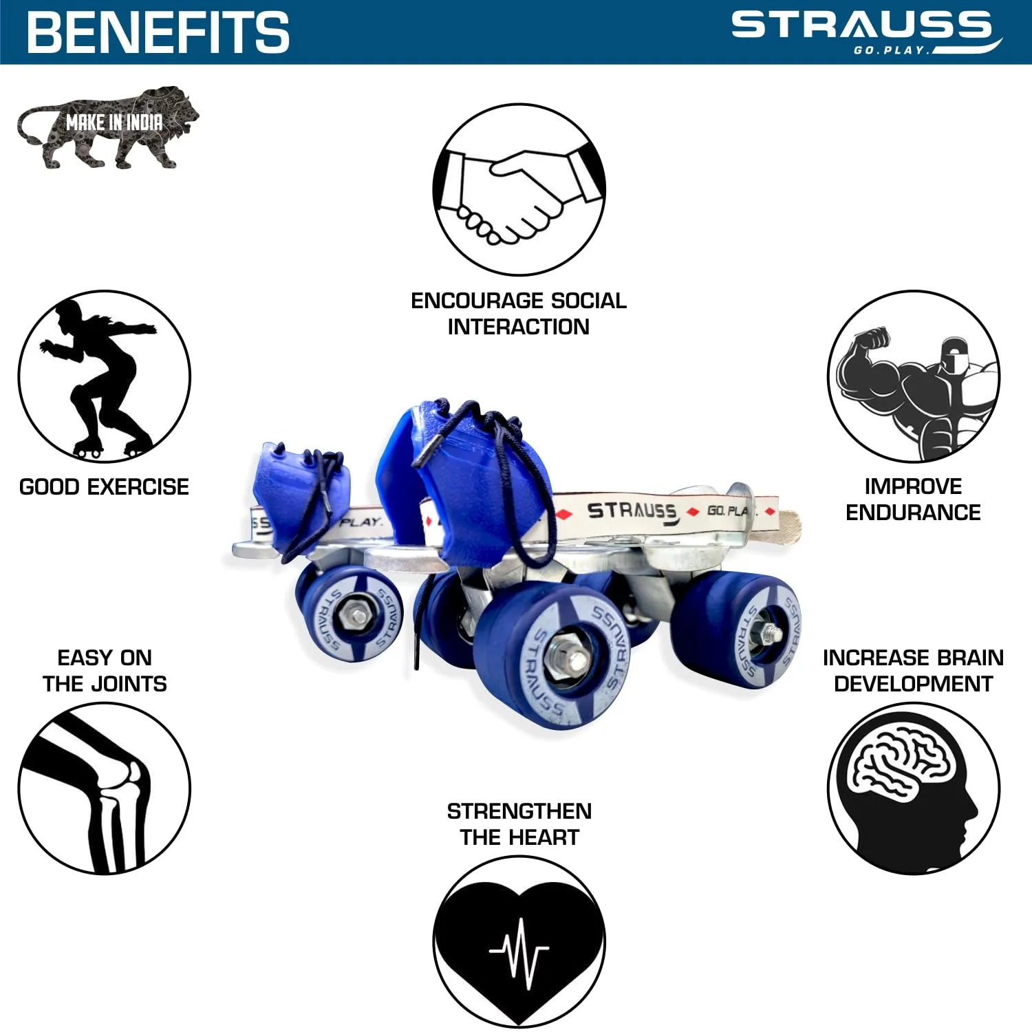 STRAUSS Junior Tenacity Roller Skates | Adjustable Shoe Size for kids | 4 Wheels Skates for Boys and Girls | for Indoor and Outdoor Skating | Age Group 3-7 Years | Weight Capacity upto 40kgs, Blue