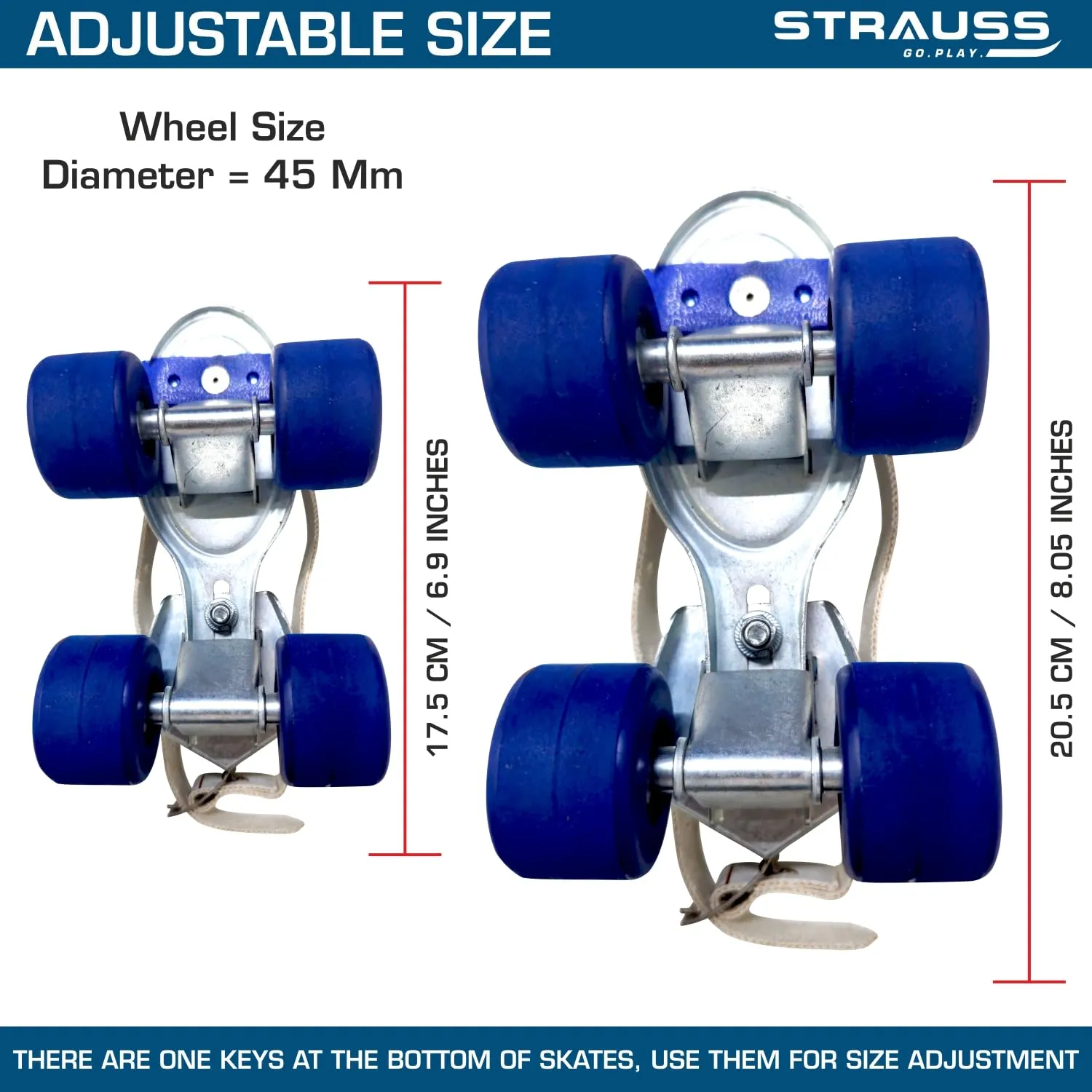 STRAUSS Junior Tenacity Roller Skates | Adjustable Shoe Size for kids | 4 Wheels Skates for Boys and Girls | for Indoor and Outdoor Skating | Age Group 3-7 Years | Weight Capacity upto 40kgs, Blue