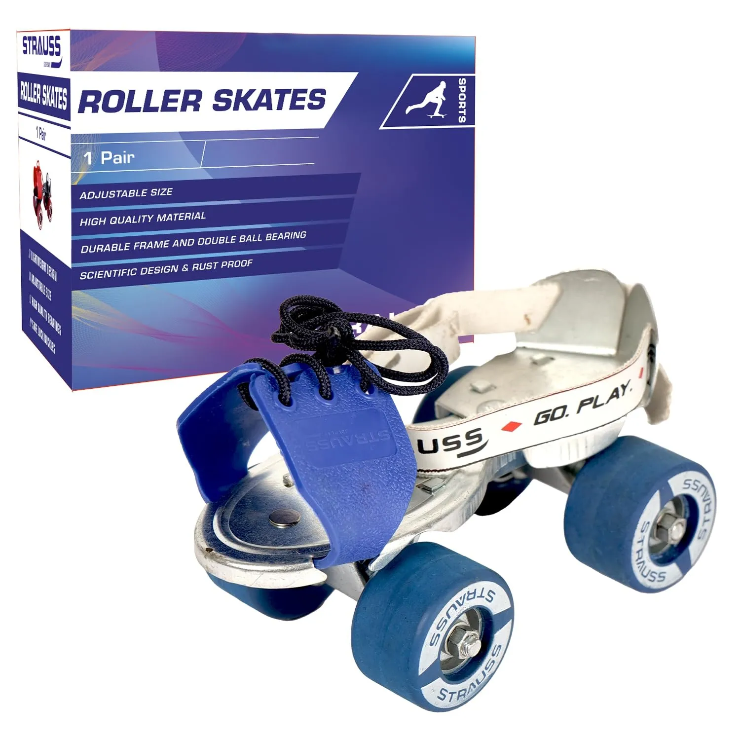 STRAUSS Junior Tenacity Roller Skates | Adjustable Shoe Size for kids | 4 Wheels Skates for Boys and Girls | for Indoor and Outdoor Skating | Age Group 3-7 Years | Weight Capacity upto 40kgs, Blue