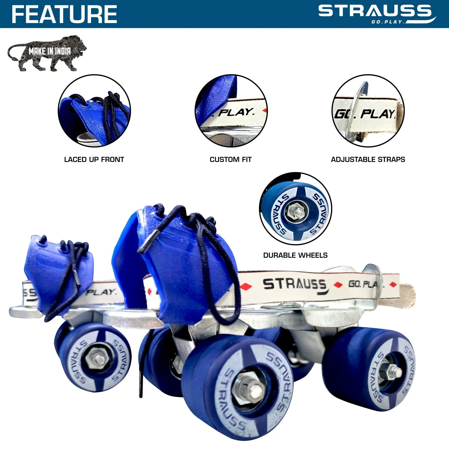 STRAUSS Junior Tenacity Roller Skates | Adjustable Shoe Size for kids | 4 Wheels Skates for Boys and Girls | for Indoor and Outdoor Skating | Age Group 3-7 Years | Weight Capacity upto 40kgs, Blue