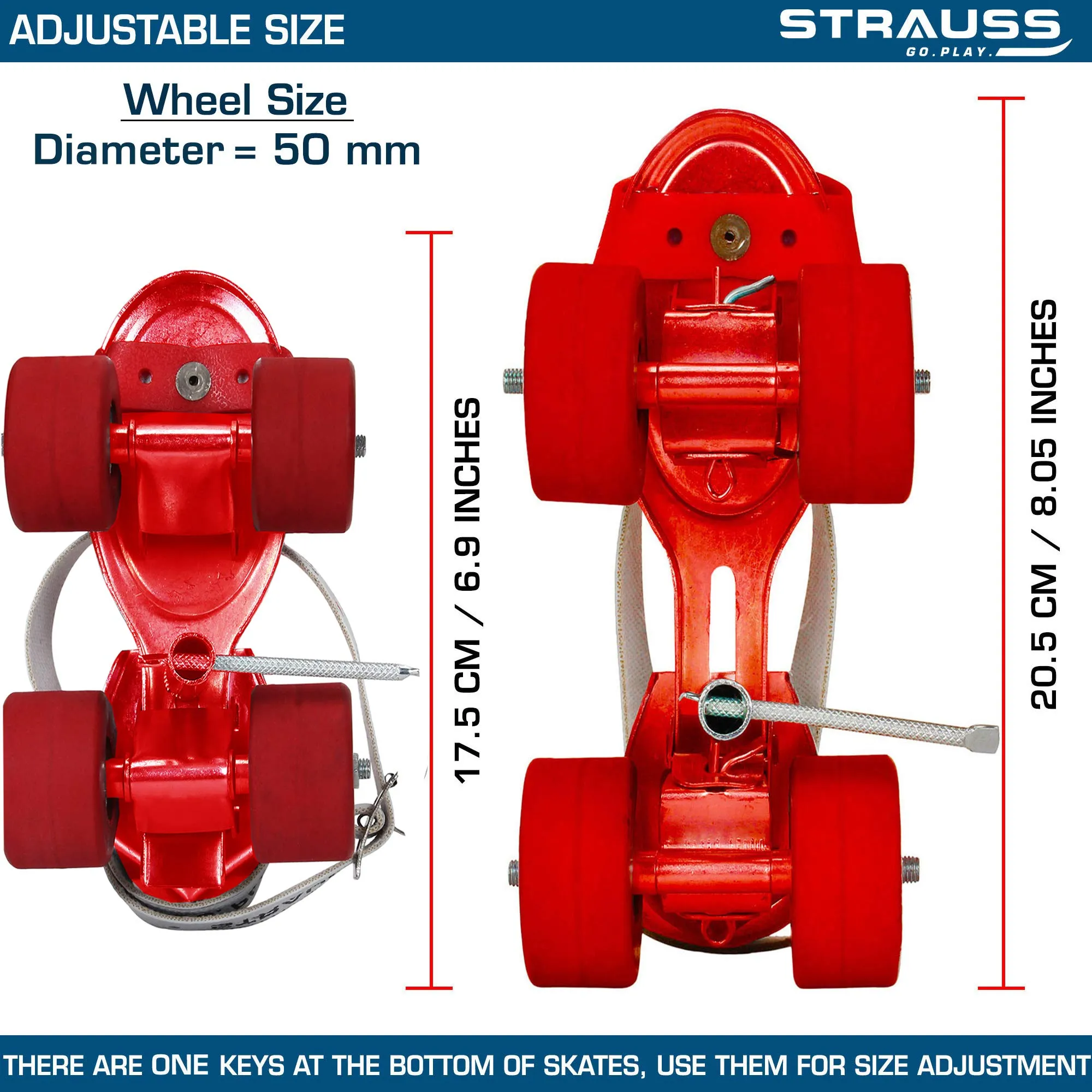 STRAUSS Junior Tenacity Roller Skates | Adjustable Shoe Size for Kids | 4 Wheels Skates for Boys and Girls | for Indoor and Outdoor Skating | Age Group 3-7 Years | Weight Capacity Upto 60kgs, (Red)