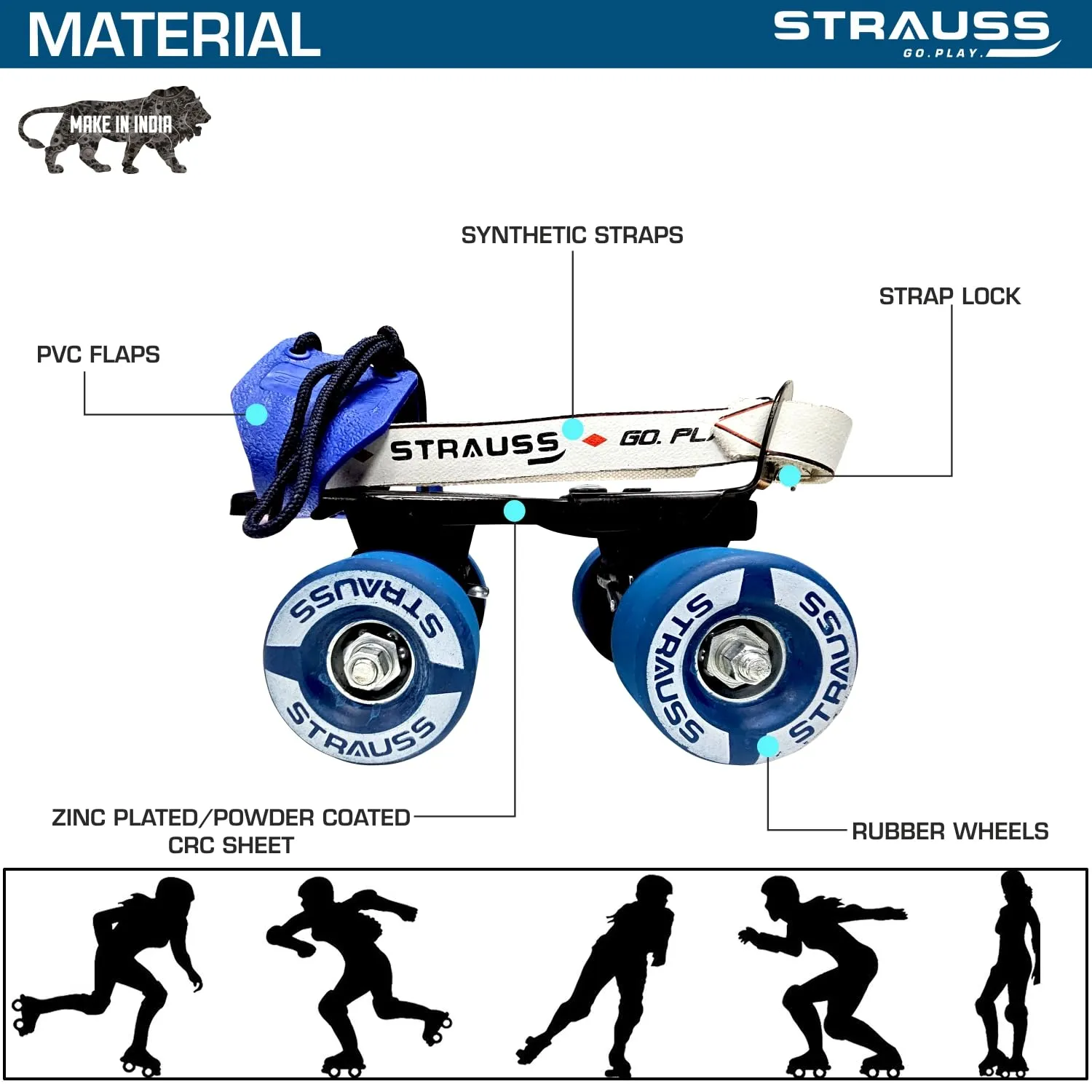 STRAUSS Senior Tenacity Roller Skates | Adjustable Shoe Size | 4 Wheels Skating Shoe for Boys and Girls | Ideal for Indoor and Outdoor Skating | Suitable for Age Group Above 9 Years, (Blue)