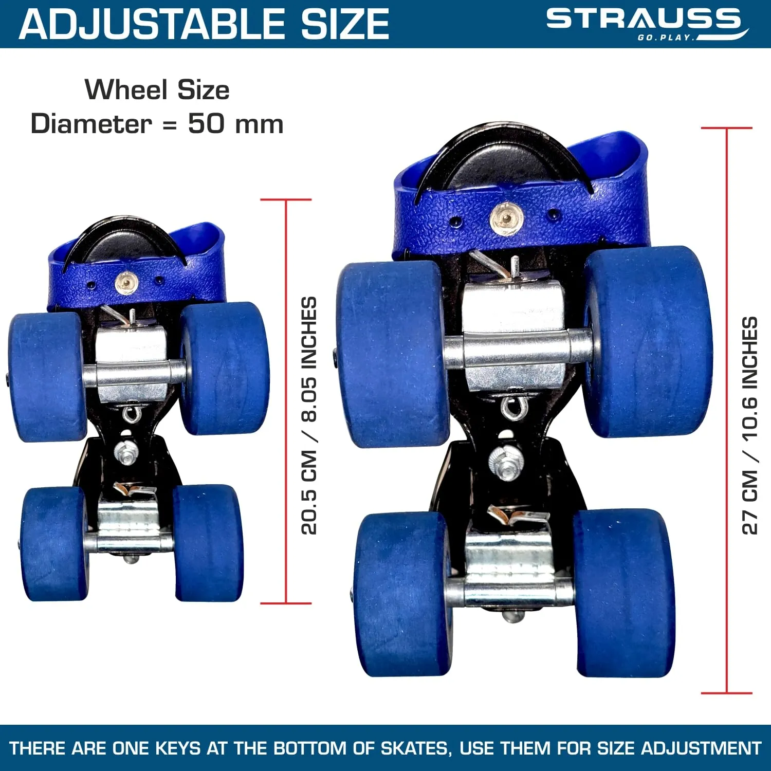 STRAUSS Senior Tenacity Roller Skates | Adjustable Shoe Size | 4 Wheels Skating Shoe for Boys and Girls | Ideal for Indoor and Outdoor Skating | Suitable for Age Group Above 9 Years, (Blue)